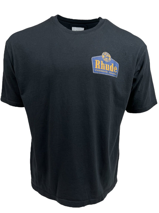 Black t-shirt with a yellow and blue "Rhude" Premium Cigars logo on the front, crafted from vintage fit cotton for a comfortable and stylish look. Product Name: RHUDE GRAND CRU TEE BLK Brand Name: RHUDE
