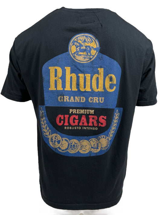 A RHUDE GRAND CRU TEE BLK by RHUDE featuring a large, blue and gold graphic with the text "RHUDE Grand Cru Premium Cigars Robusto Intenso" on the back, made from 100% cotton.