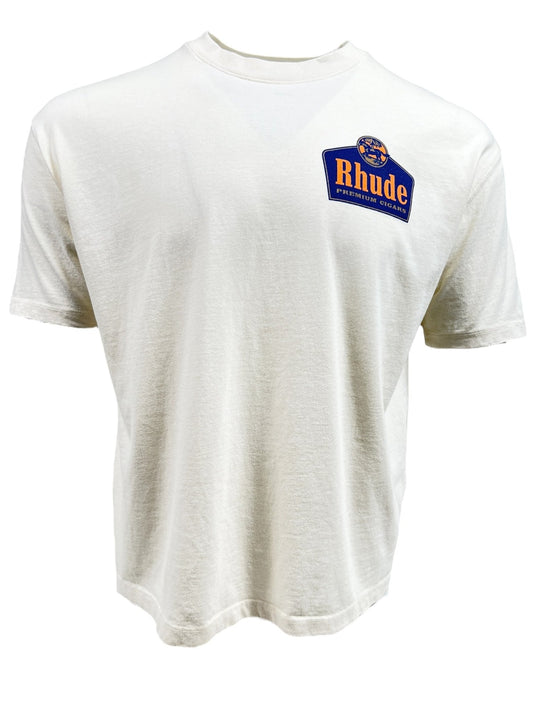White short-sleeve T-shirt with a blue and orange "Rhude" logo on the left chest, crafted from 100% cotton for that perfect custom-vintage fit. The RHUDE GRAND CRU TEE VTG WHITE by RHUDE.