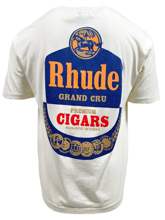 White 100% cotton t-shirt with a "RHUDE Grand Cru Premium Cigars Robusto Intenso" design on the back, featuring blue and orange text, a globe icon, and several coin illustrations. This custom-vintage fit cotton RHUDE GRAND CRU TEE VTG WHITE by RHUDE combines style and comfort effortlessly.