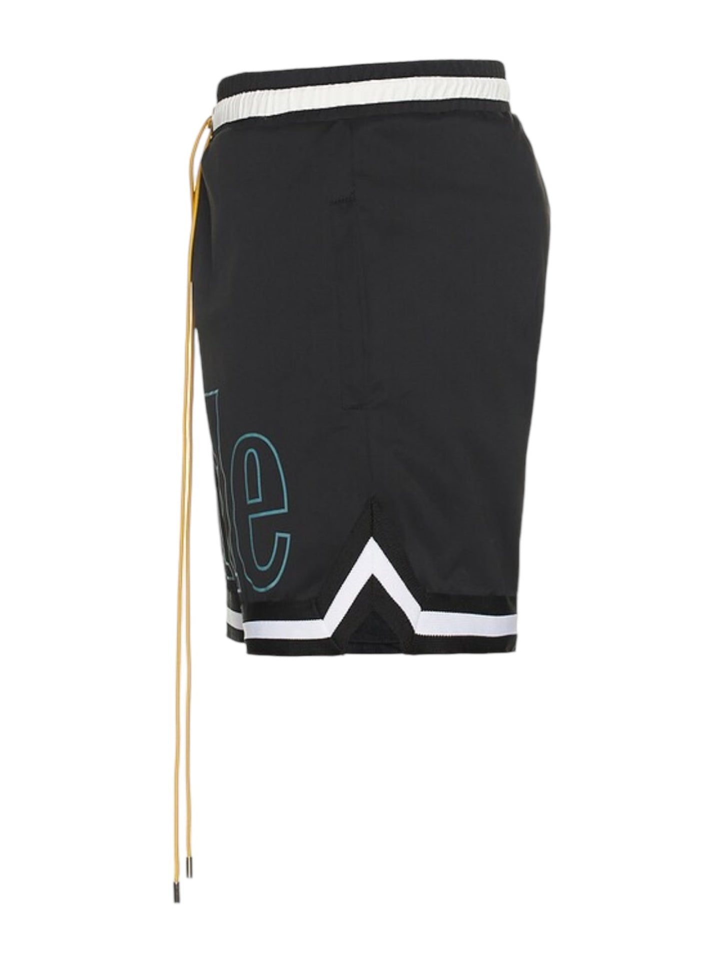 Side view of Rhude Logo Basketball Swim Shorts by RHUDE in black/white, featuring white and yellow drawstrings, patterned hems, and side pockets. Partial blue lettering on the side adds style. Made with an elastic waistband and durable polyester fabric for comfort during active use.