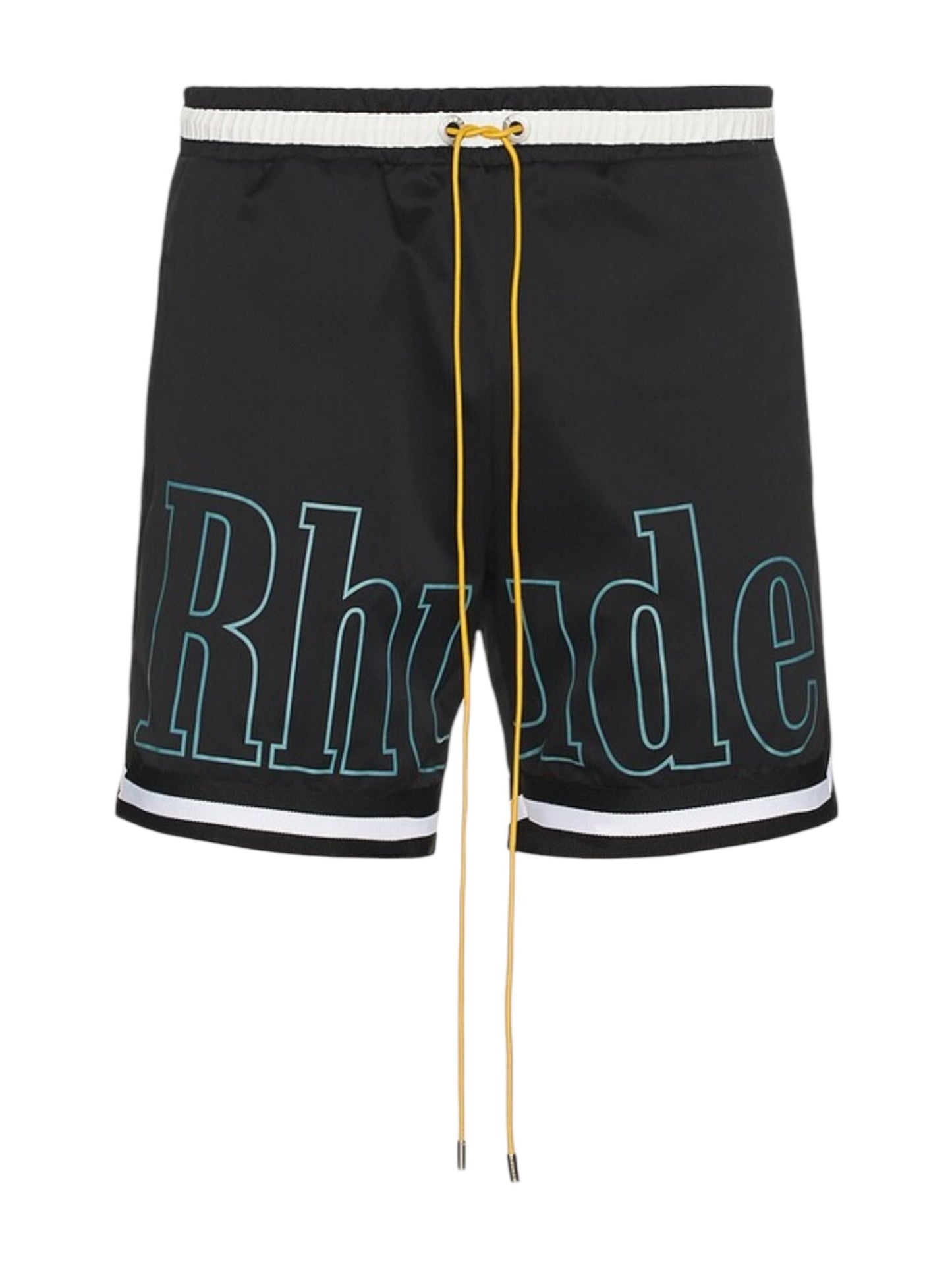 Rhude Logo Basketball Swim Shorts by RHUDE come in black/white, featuring an elastic waistband, side pockets, a yellow drawstring, teal lettering, and white stripes at the hem. Made from polyester.