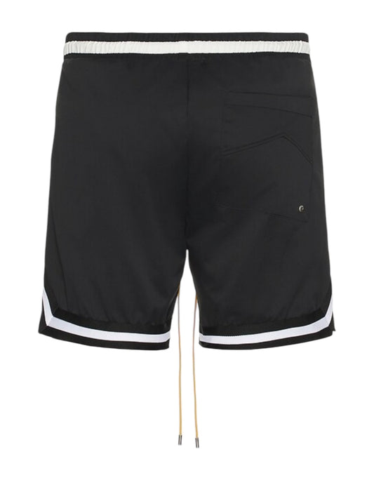 The RHUDE Rhude Logo Basketball Swim Shorts in black/white are crafted from soft polyester, featuring a sleek white waistband and side trim, with side pockets, a back pocket, and an adjustable front drawstring.