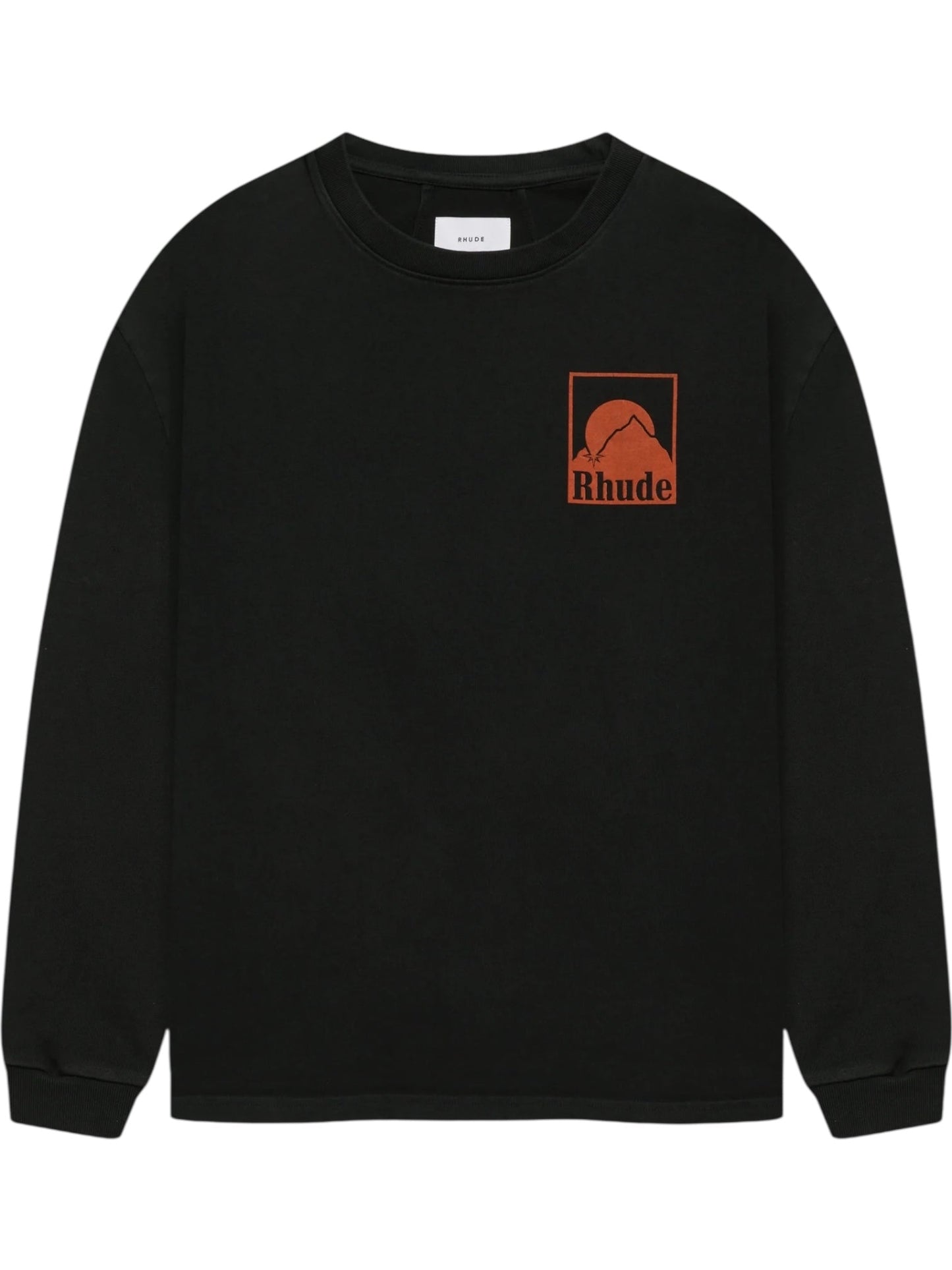 The RHUDE Moonlight Badge LS Tee in Vtg Black is a boxy-fit, long sleeve cotton crewneck featuring an orange rectangular logo and "Rhude" on the left chest.