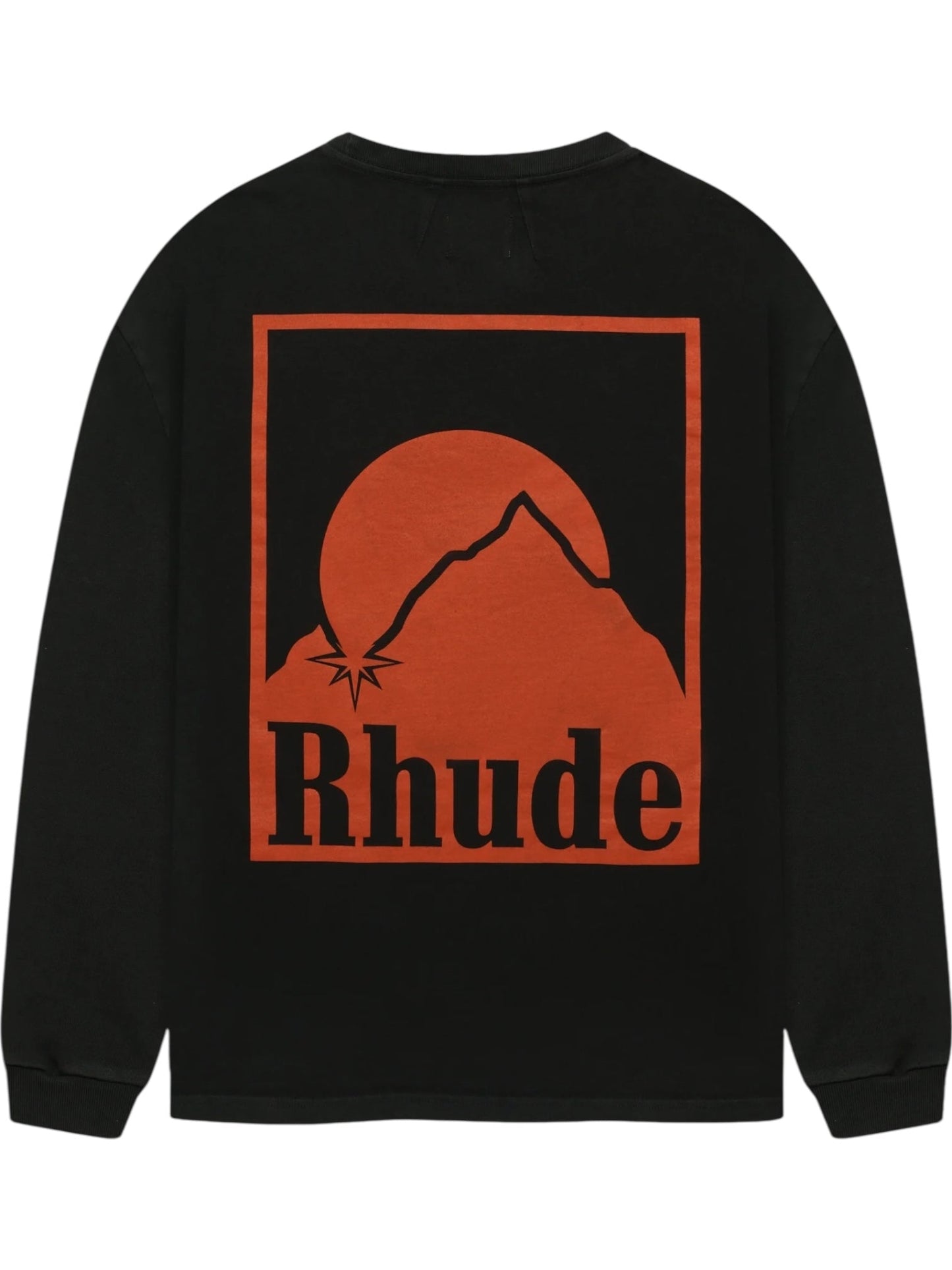 The Rhude Moonlight Badge LS Tee in vintage black by RHUDE features a boxy fit, premium washed cotton, and an orange mountain and sun graphic with "Rhude" printed below the image on the back.