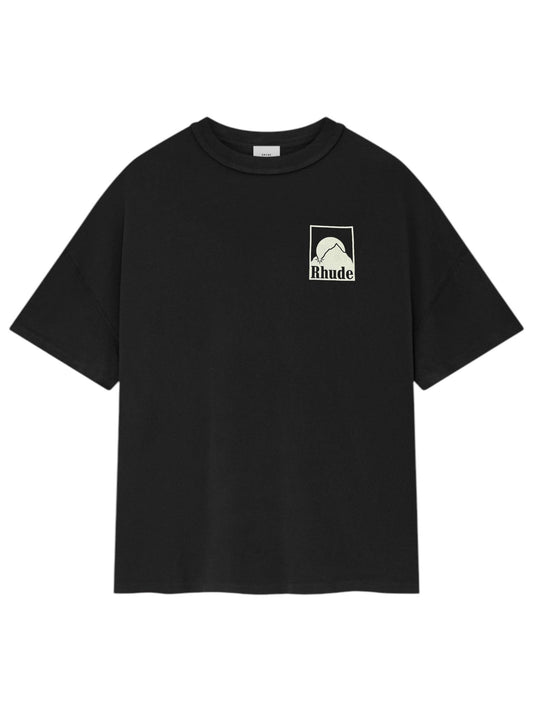 The Rhude Moonlight Badge Tee Black, by RHUDE, features a small mountain logo with "Rhude" elegantly displayed on the left chest, as part of a luxury wardrobe collection.