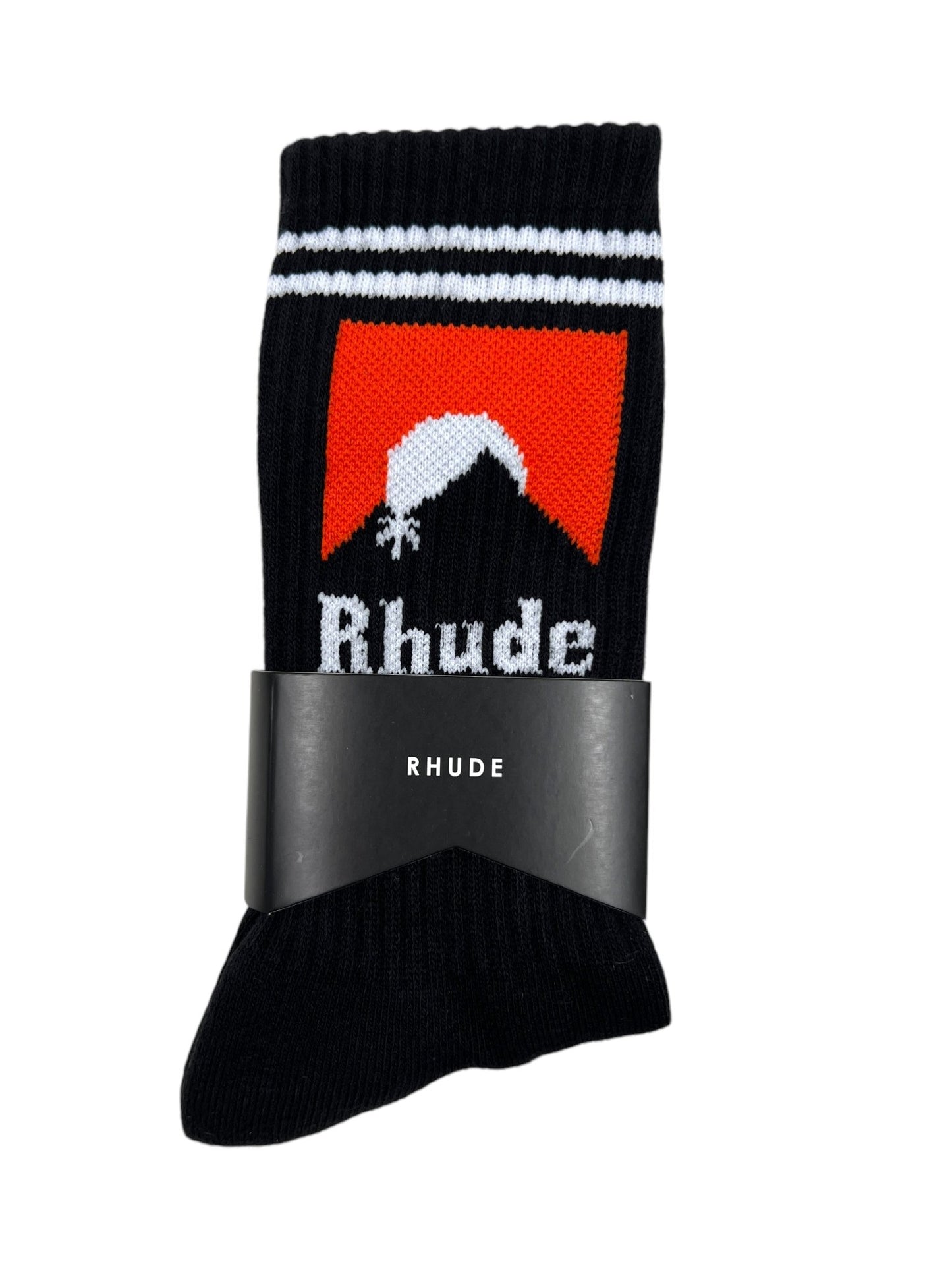 RHUDE MOONLIGHT SOCK BLACK/WHITE/ORANGE, crafted from premium cotton, feature a striking black base with a red and white graphic design and two white stripes at the top. Packaged with an elegant black Rhude label, these stylish socks blend fashion and comfort effortlessly.