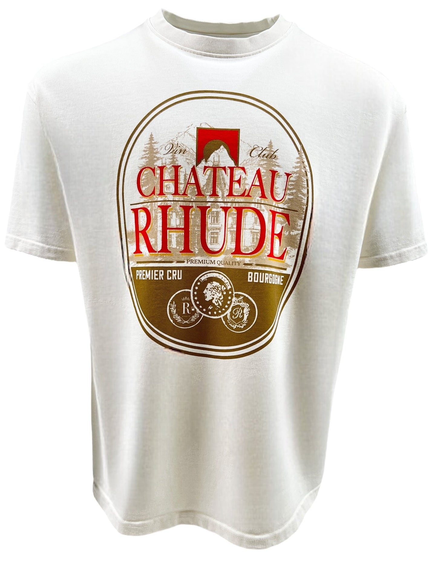 The Rhude Premier Cru Tee in Vintage White by RHUDE is crafted from 100% cotton and features a graphic design that resembles a wine label. It prominently displays the text "Chateau Rhude," with sophisticated red and gold details, alongside mentions of "Bourgogne" and "Premier Cru.