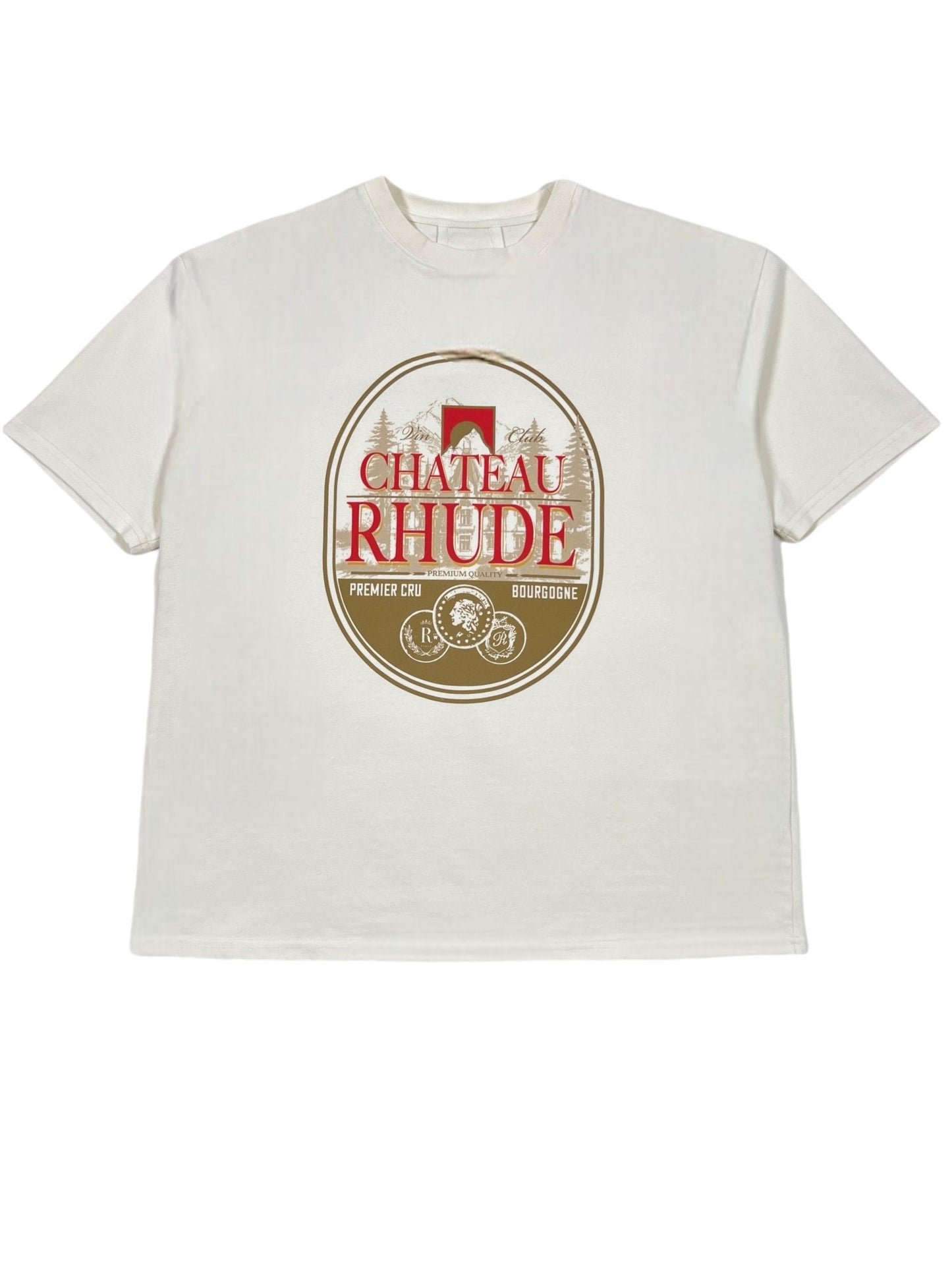 White Rhude Premier Cru Tee Vtg made from 100% cotton, featuring a red and brown "Chateau Rhude" logo with text promoting a premier cru from Bourgogne.