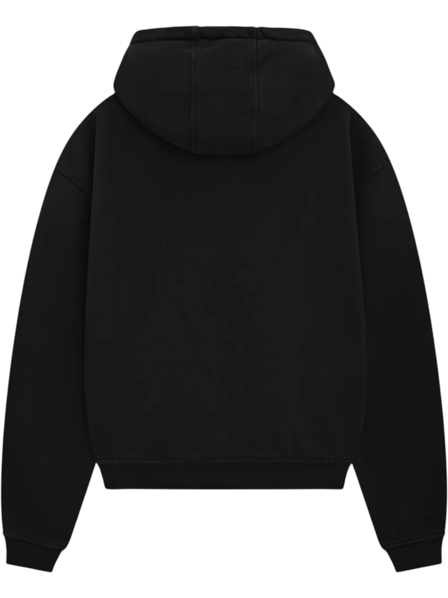 Back view of the RHUDE Rhude Premier Hoodie Vtg Black, a plain black French Terry hoodie with long sleeves, subtle kangaroo front pocket, and no visible logos or graphics.