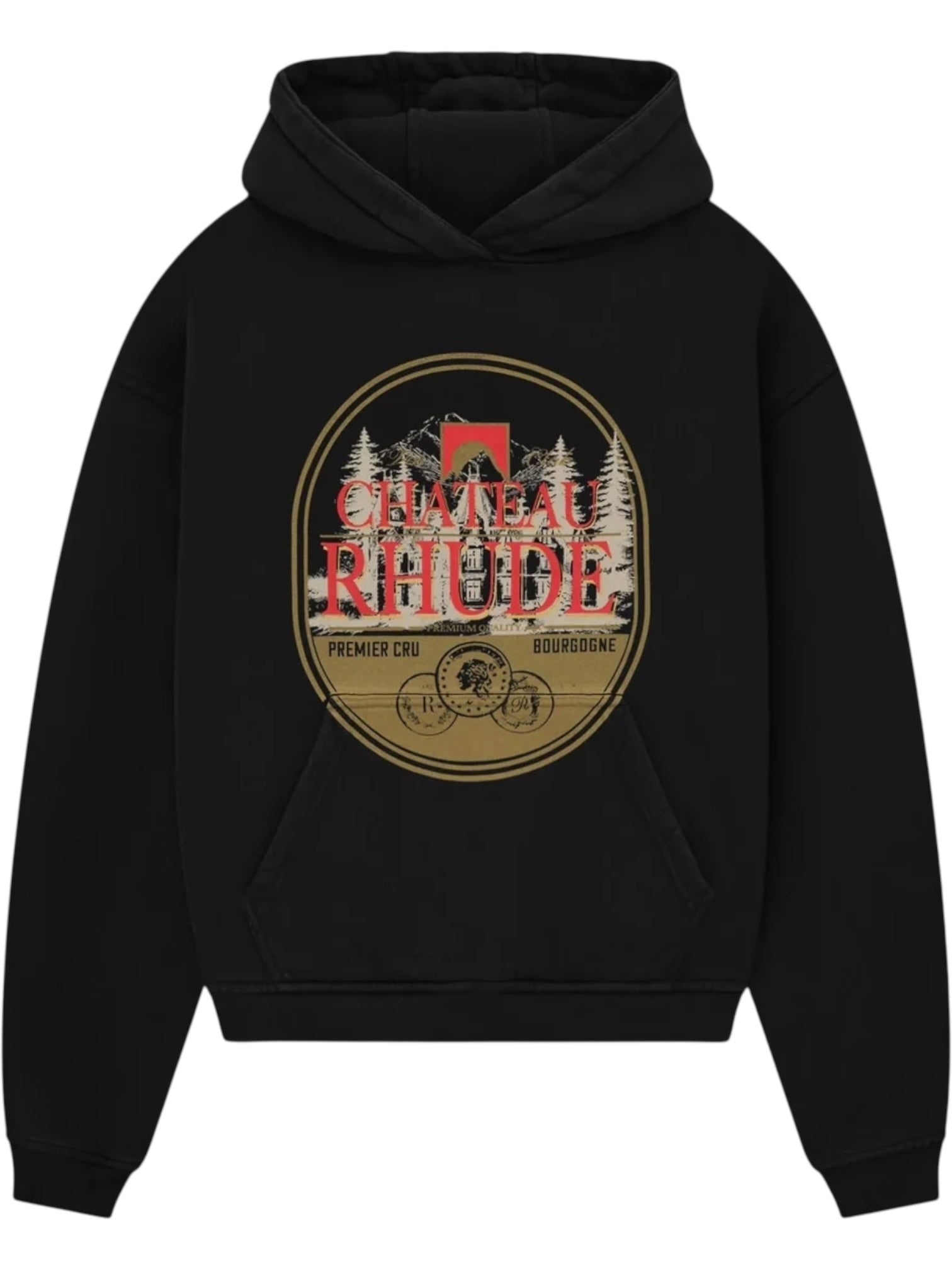 The RHUDE Premier Hoodie Vtg Black features a kangaroo pocket and a circular "Chateau Rhude" graphic with trees, mountains, and coins, labeled "Premier Cru Bourgogne.