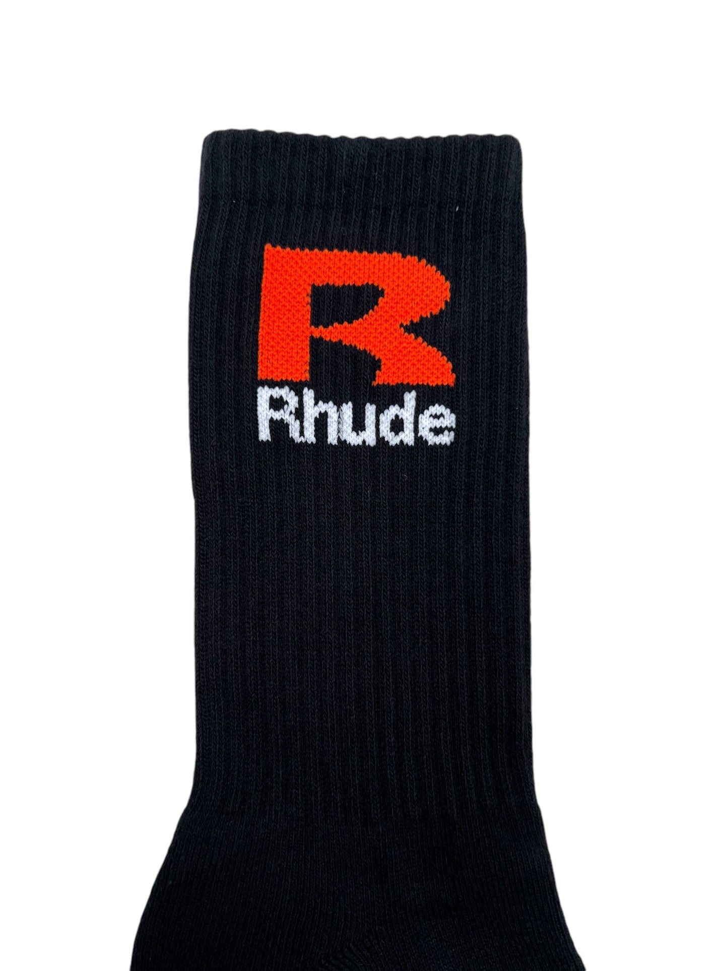 RHUDE R SOCK BLACK/ORANGE featuring a prominent orange "R" and the word "Rhude" in white text below it, crafted from soft, breathable cotton.