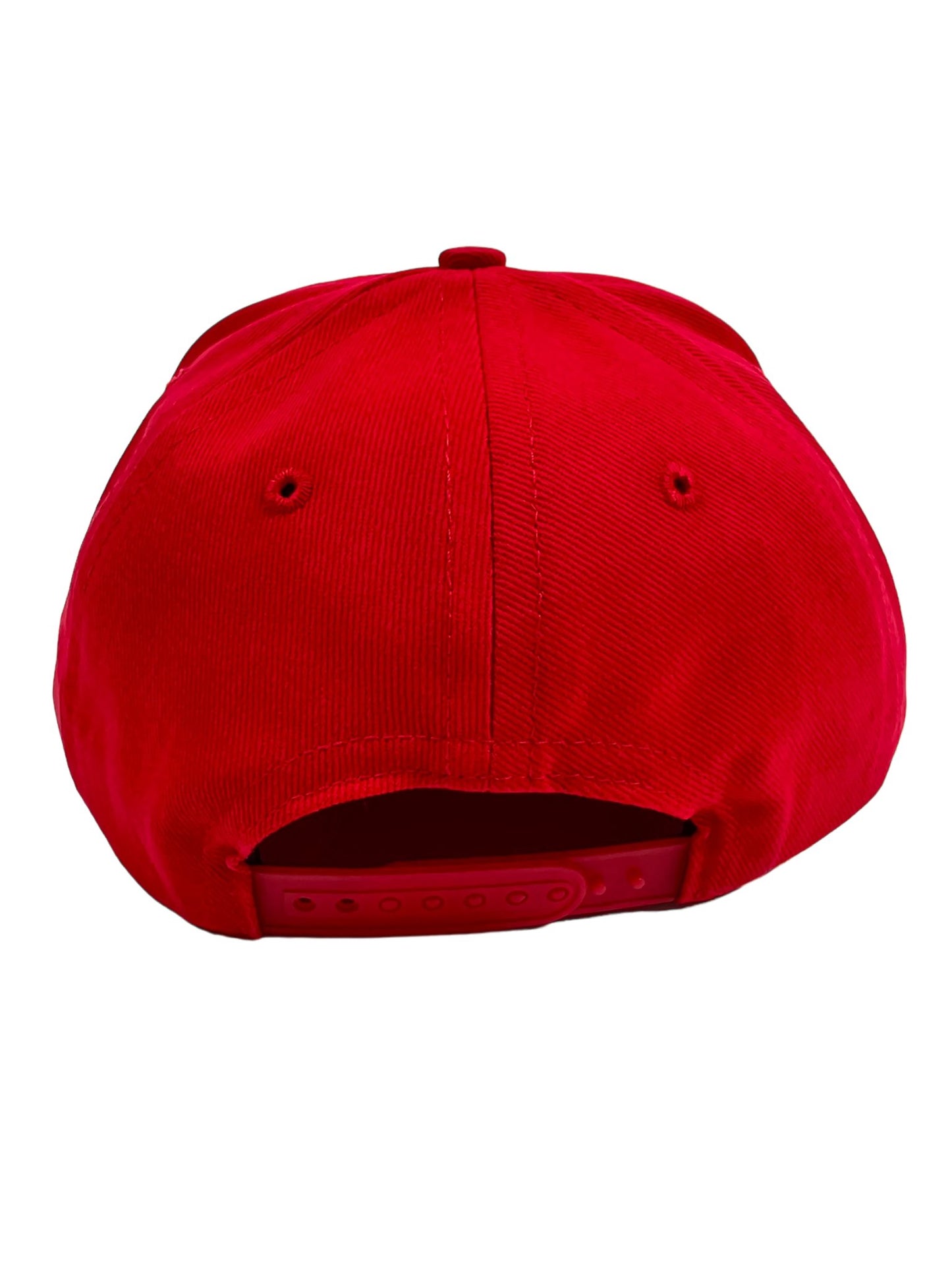 Rear view of a RHUDE RIVIERA SAILING HAT RED heavyweight cotton hat with an adjustable snap back on a black background.