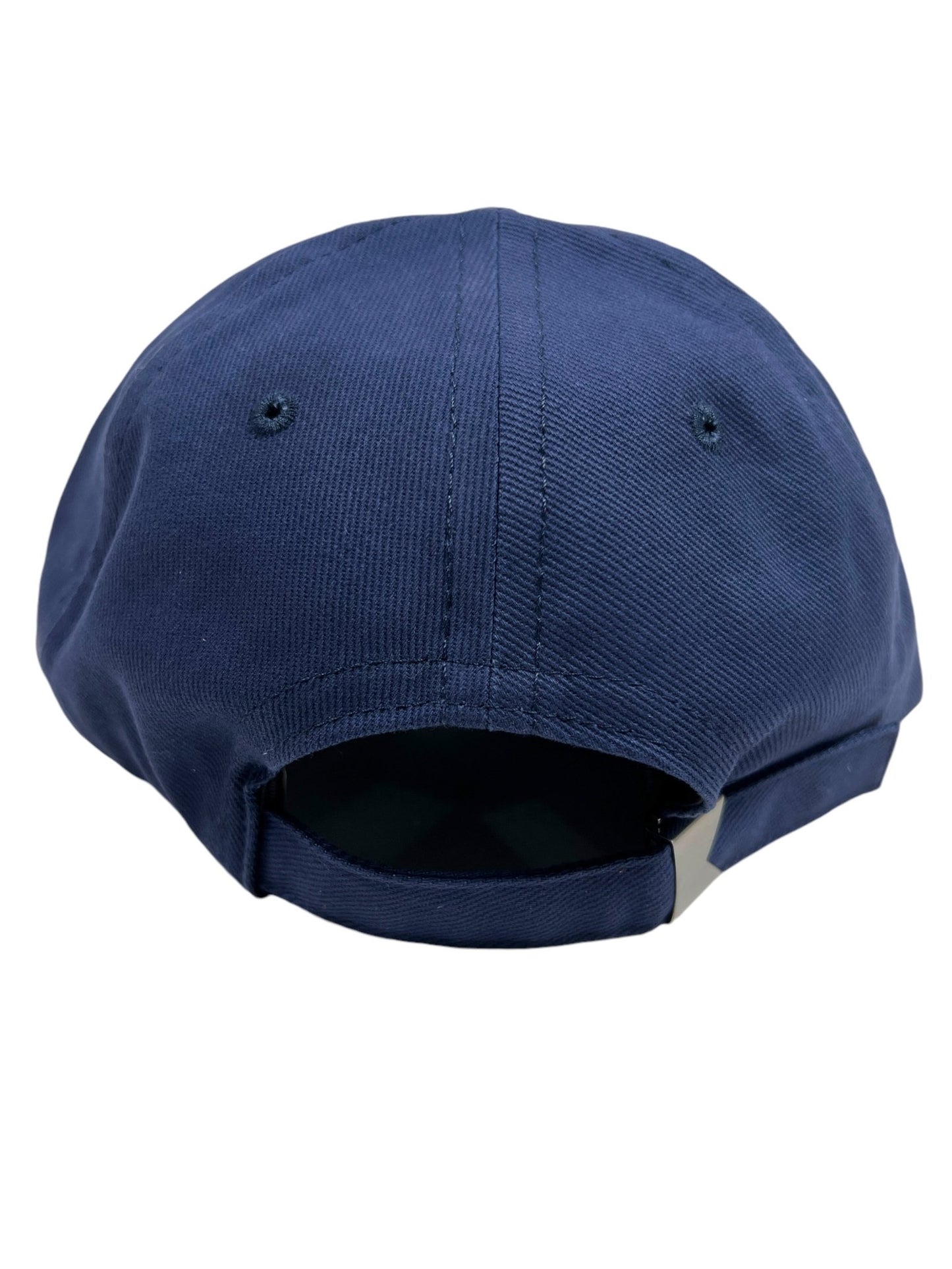 The RHUDE ROPE CREST STRUCTURE HAT NAVY is showcased from the back, highlighting its distinctive crest structure and adjustable strap with a metal buckle.