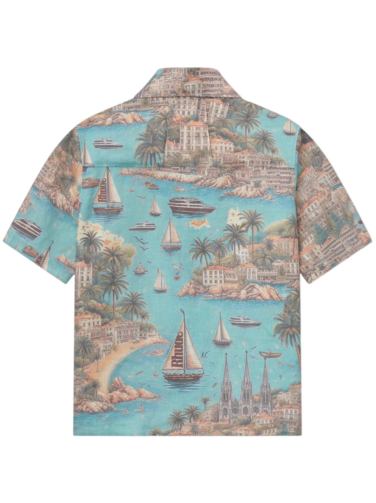 The Rhude Sailing Map Shirt by RHUDE is a breathable linen button-up, featuring a coastal print with boats, buildings, and palm trees on a turquoise background.