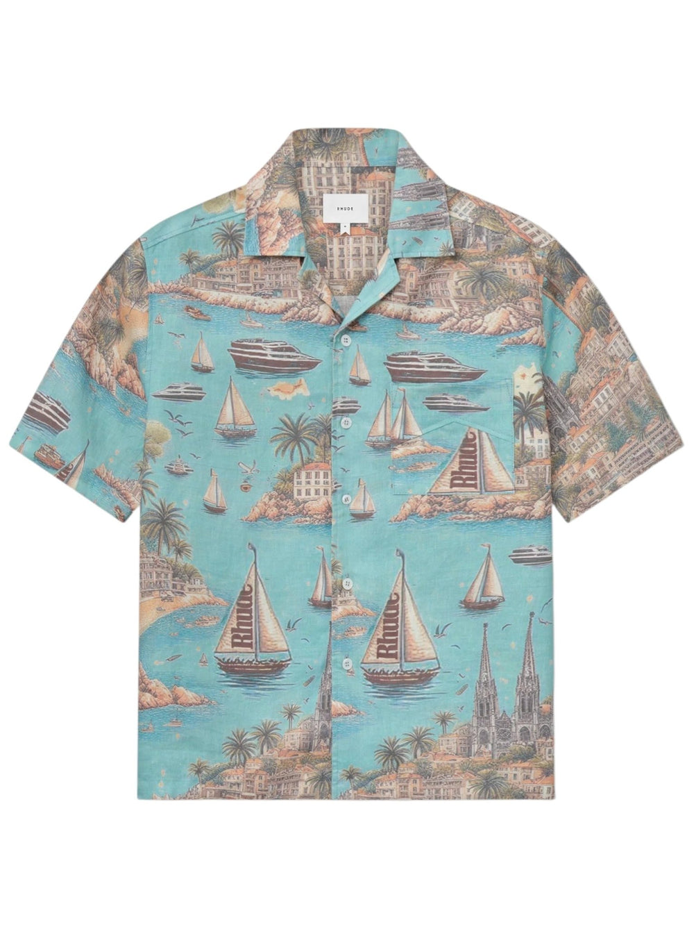 The Rhude Sailing Map Shirt Multi by RHUDE is a short-sleeve button-up featuring a turquoise background with a nautical-themed print of sailboats, palm trees, and coastal scenery. Crafted from breathable linen, it's perfect for any seafaring adventure.