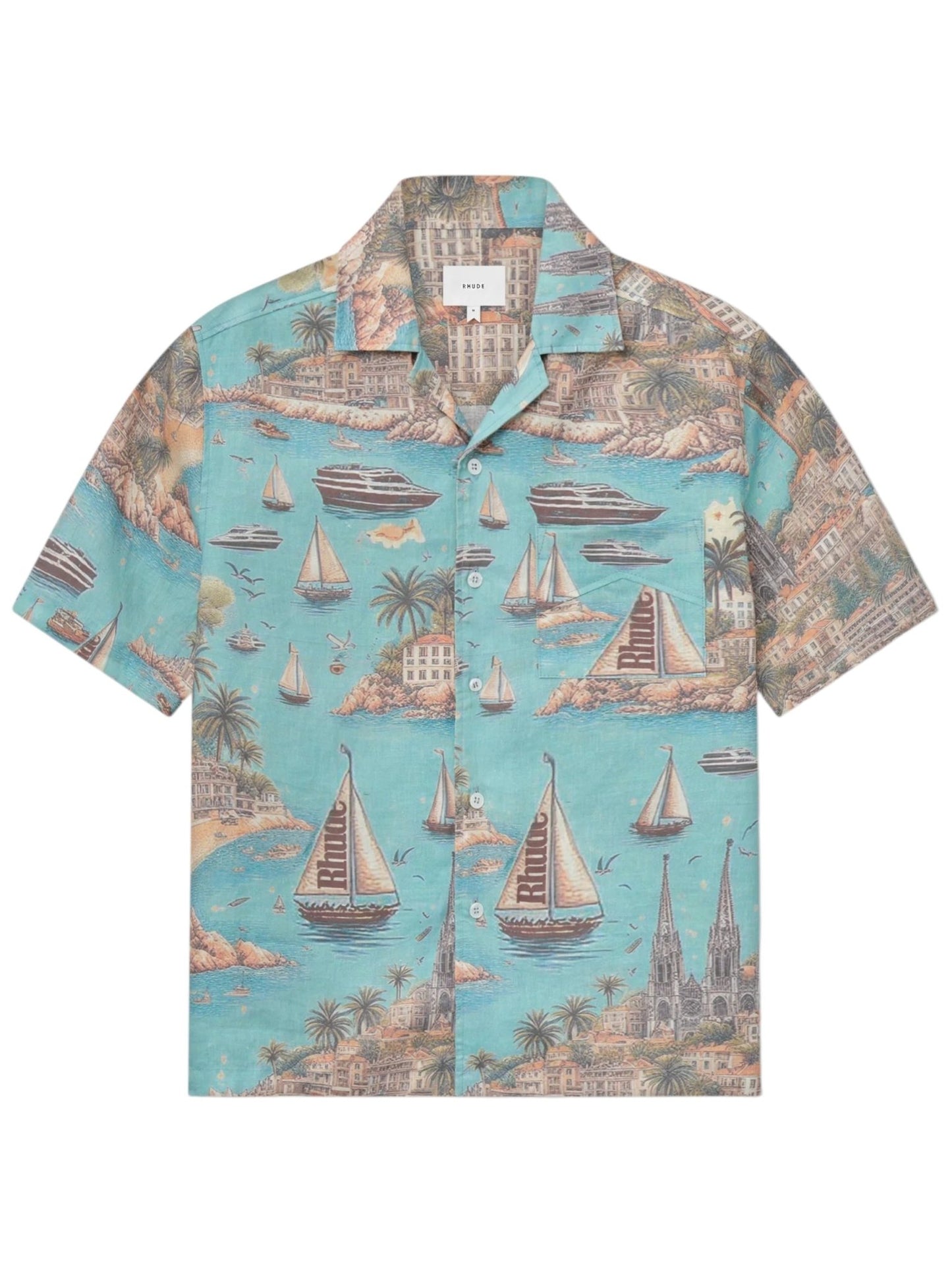 The Rhude Sailing Map Shirt Multi by RHUDE is a short-sleeve button-up featuring a turquoise background with a nautical-themed print of sailboats, palm trees, and coastal scenery. Crafted from breathable linen, it's perfect for any seafaring adventure.