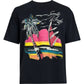 The RHUDE Saint-Rhude Tee in black, made from cotton jersey, showcases a colorful graphic featuring palm trees, a sunset, ocean waves, and vibrant lines of pink, yellow, and blue with text in the top right corner.