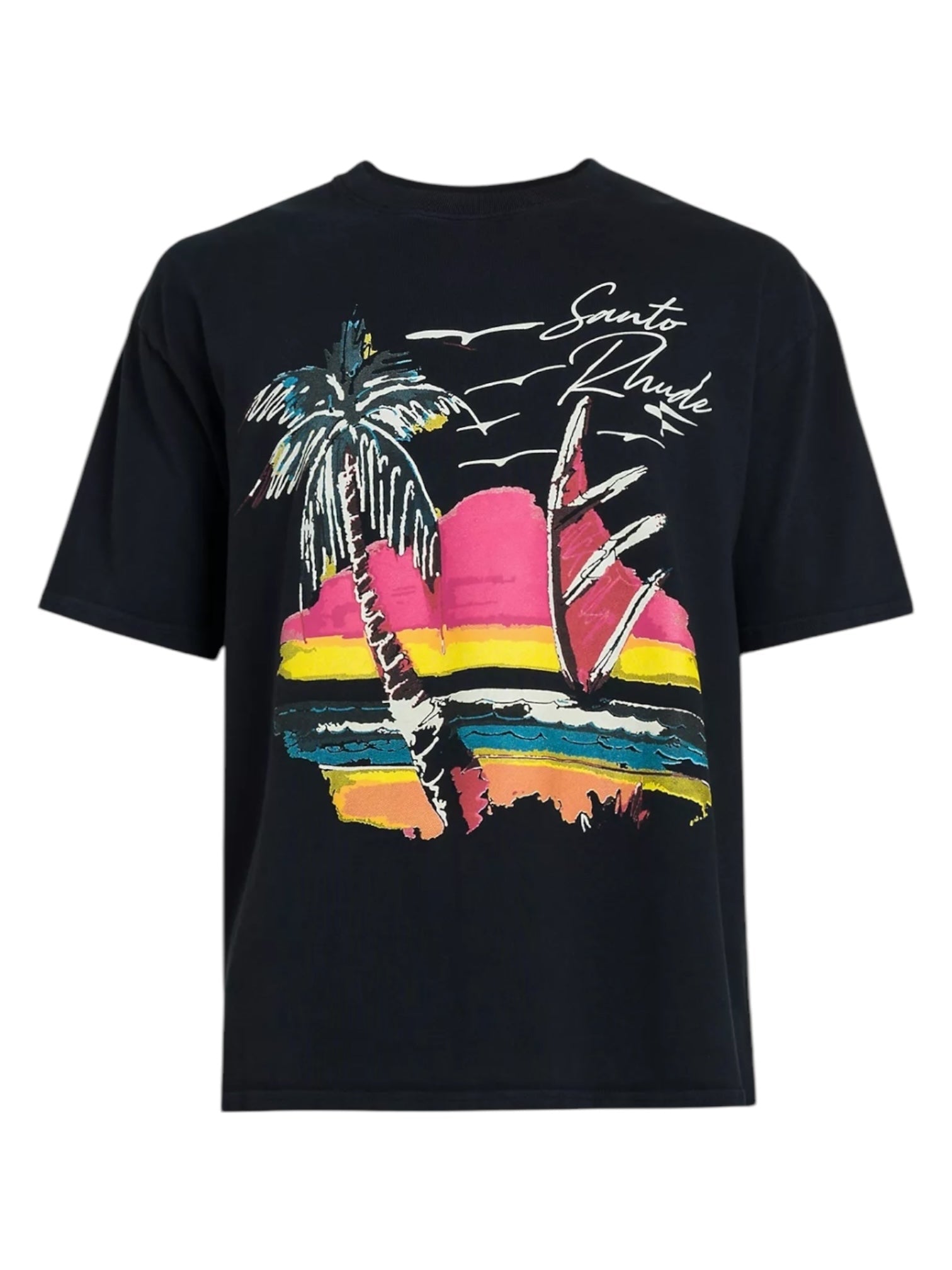 The RHUDE Saint-Rhude Tee in black, made from cotton jersey, showcases a colorful graphic featuring palm trees, a sunset, ocean waves, and vibrant lines of pink, yellow, and blue with text in the top right corner.