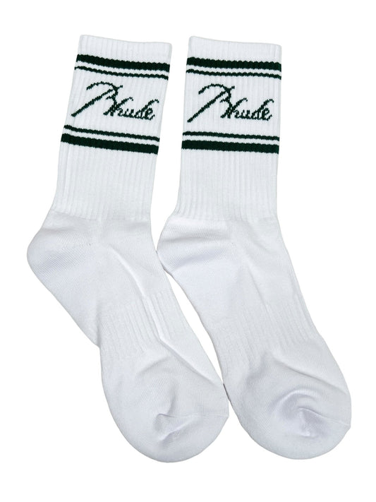A pair of RHUDE SCRIPT LOGO SOCK WHITE featuring two green stripes and a script logo near the top, crafted from soft cotton for ultimate comfort.
