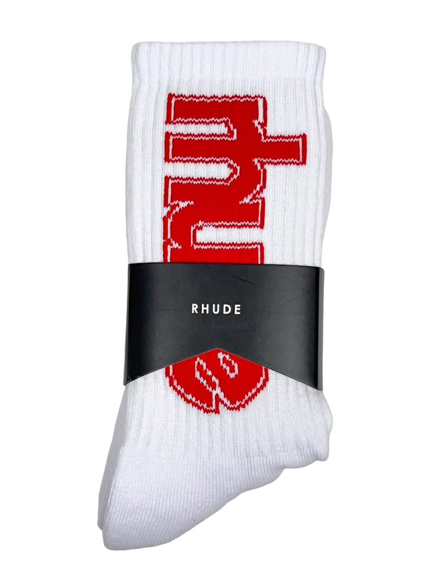 A pair of RHUDE SKI CLUB SOCK WHITE featuring a white and red logo design, made with 60% cotton and packaged with a black band labeled "RHUDE.