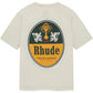 The Rhude Tabaco Tee Vtg White by RHUDE is a custom-fit vintage wash cotton tee with a large oval "Tabaco" logo, palm tree, two lions, and "Tabacos Supremos Finest Selection" text on the back.