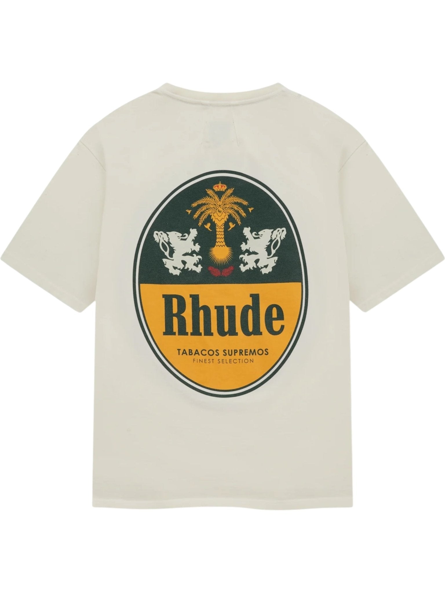 The Rhude Tabaco Tee Vtg White by RHUDE is a custom-fit vintage wash cotton tee with a large oval "Tabaco" logo, palm tree, two lions, and "Tabacos Supremos Finest Selection" text on the back.