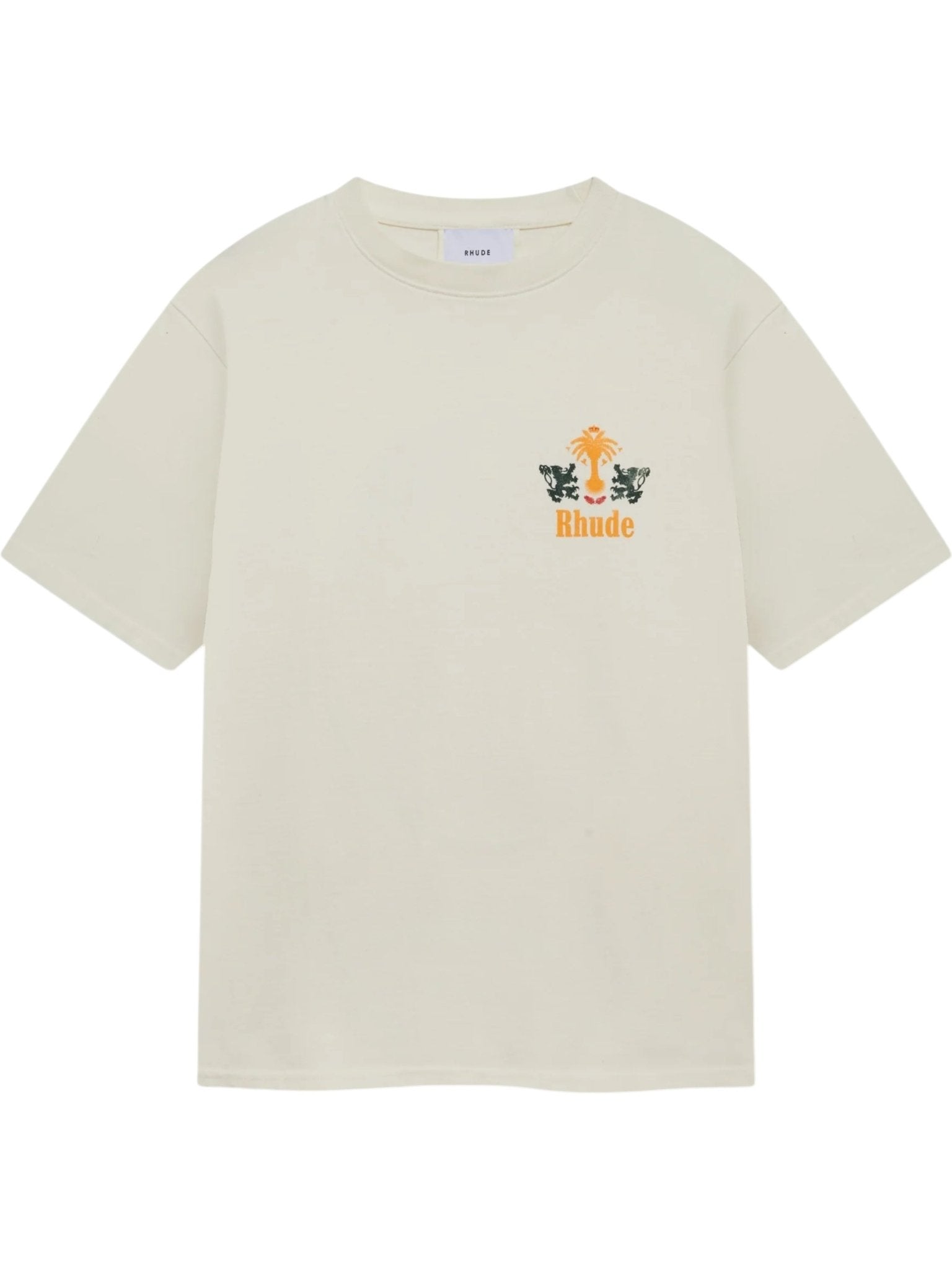 The RHUDE Rhude Tabaco Tee Vtg White is a custom-fit cotton tee in cream, featuring a small palm tree and lion crest graphic with "Rhude Tabacco" on the upper left chest.
