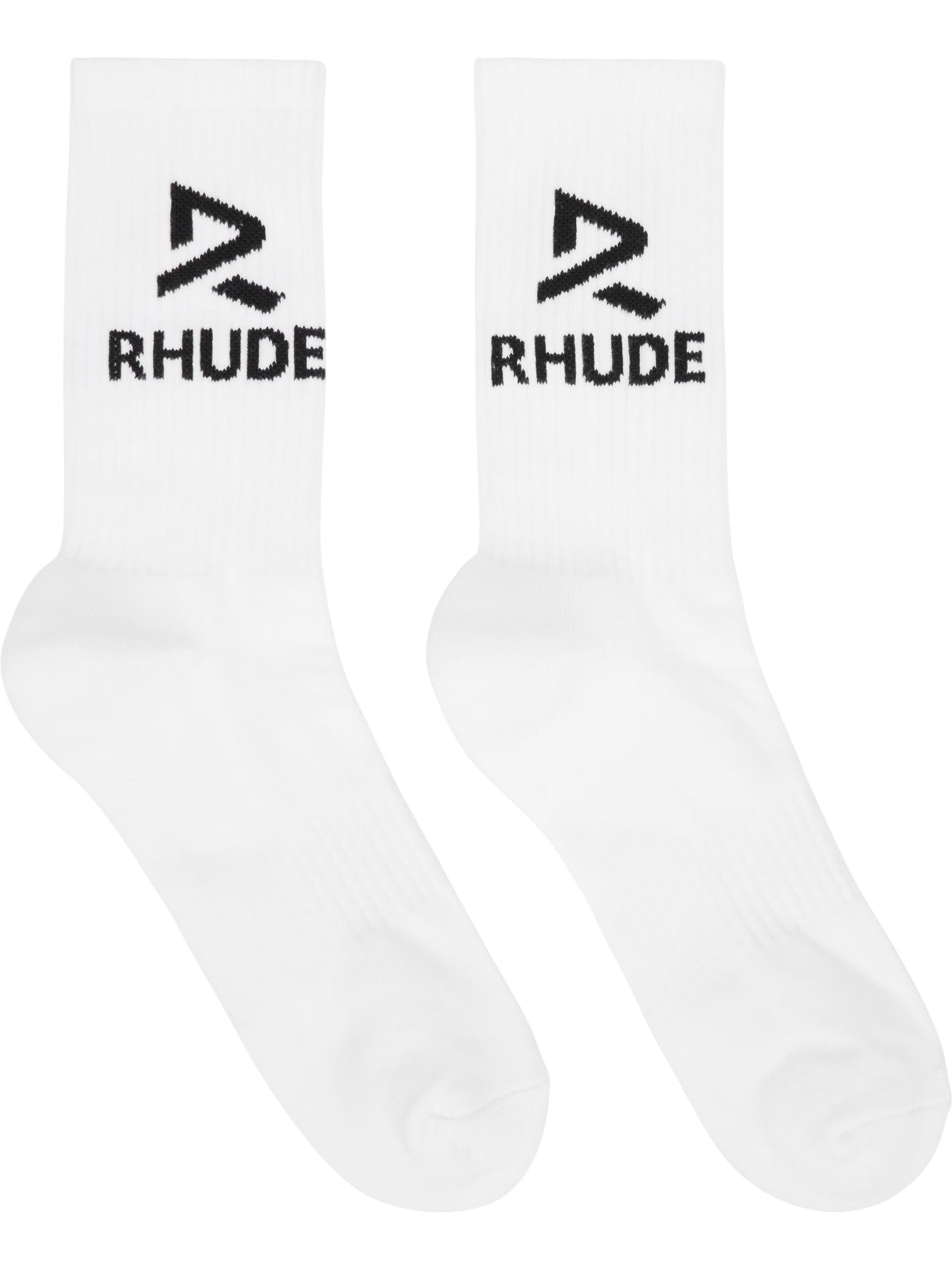 The Rhude Trophy Racing Sock in white/black features a calf-high design with jacquard "RH" logos and "RHUDE" text on the sides, made from a comfortable knit stretch cotton-blend.