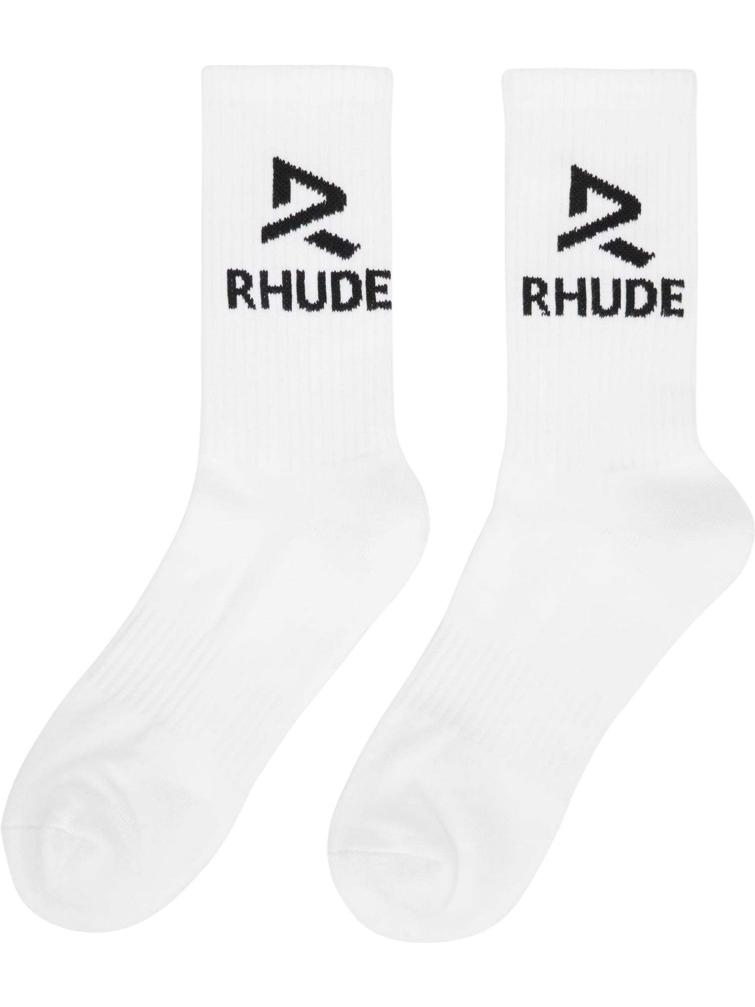 The Rhude Trophy Racing Socks in White/Black are calf-high and made from a knit stretch cotton-blend, featuring a "RHUDE" text and jacquard logo in sleek black.
