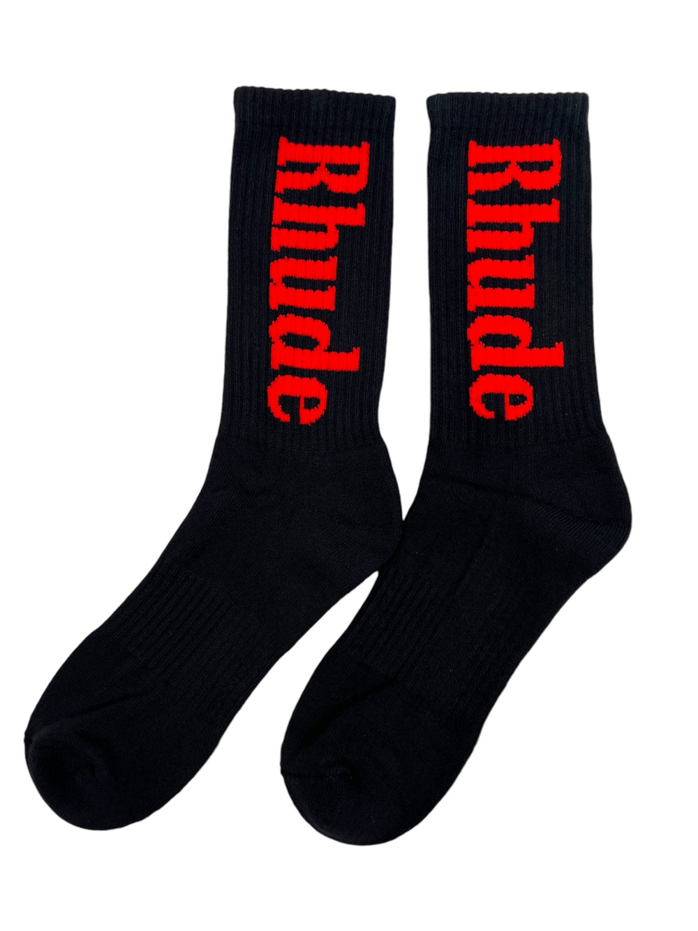 A pair of RHUDE VERTICAL LOGO SOCK BLACK/RED featuring a bold vertical logo with the word "Rhude" written in red on the sides.