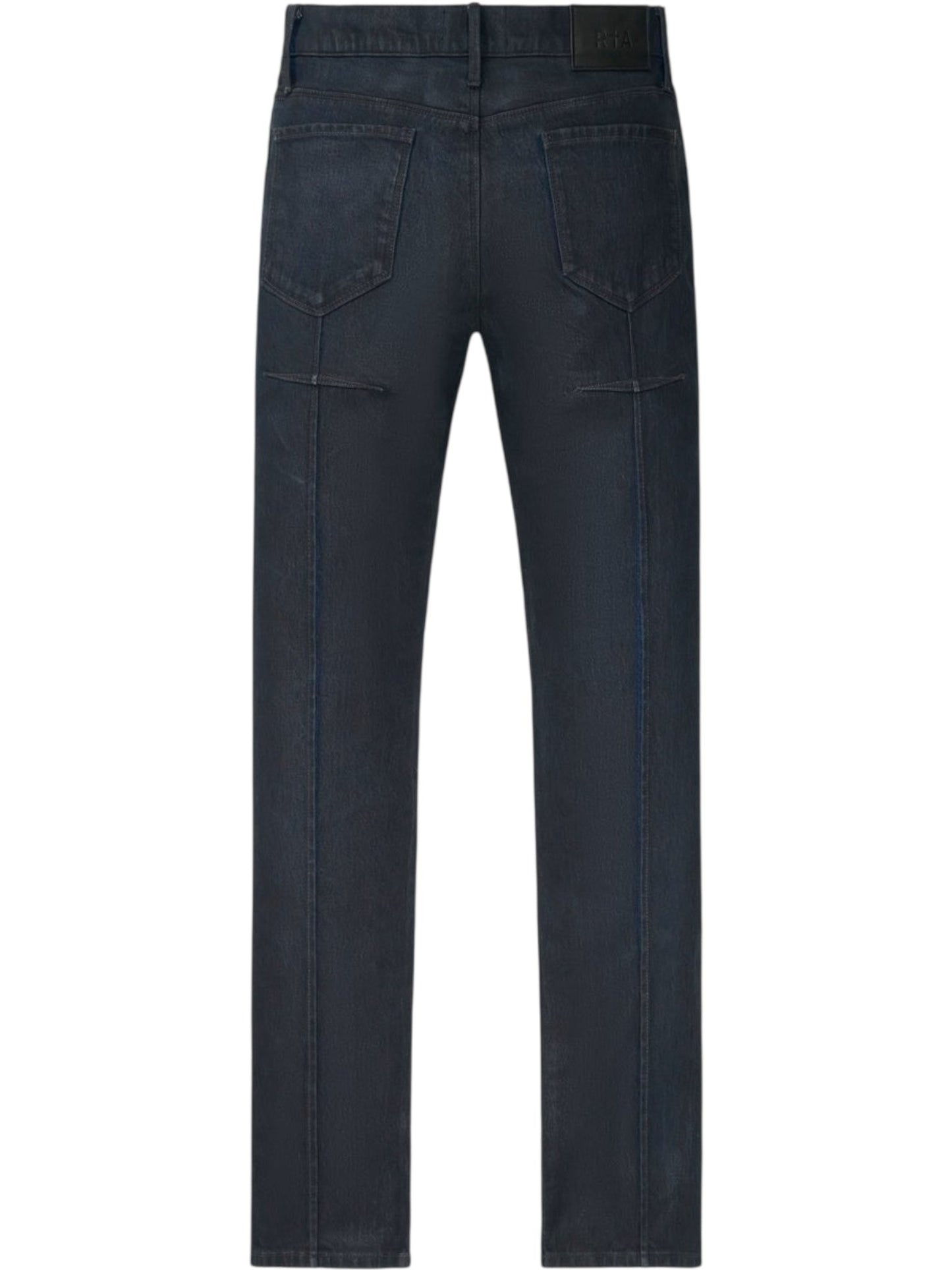 Back view of RTA Clayton Coated Black skinny jeans by RTA, crafted from premium coated denim with two back pockets and visible seam detailing along the legs.