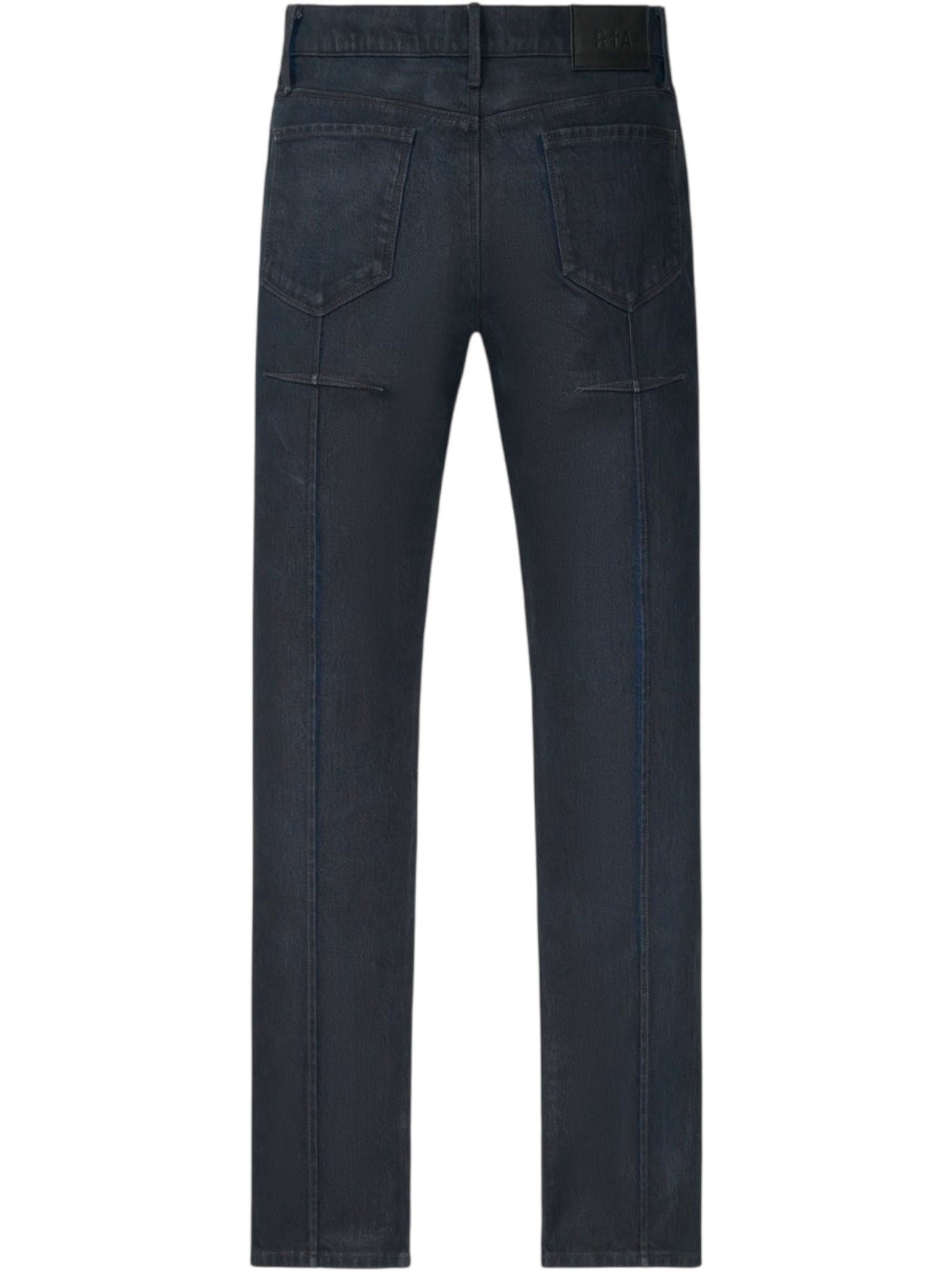 Back view of RTA Clayton Coated Black skinny jeans by RTA, crafted from premium coated denim with two back pockets and visible seam detailing along the legs.