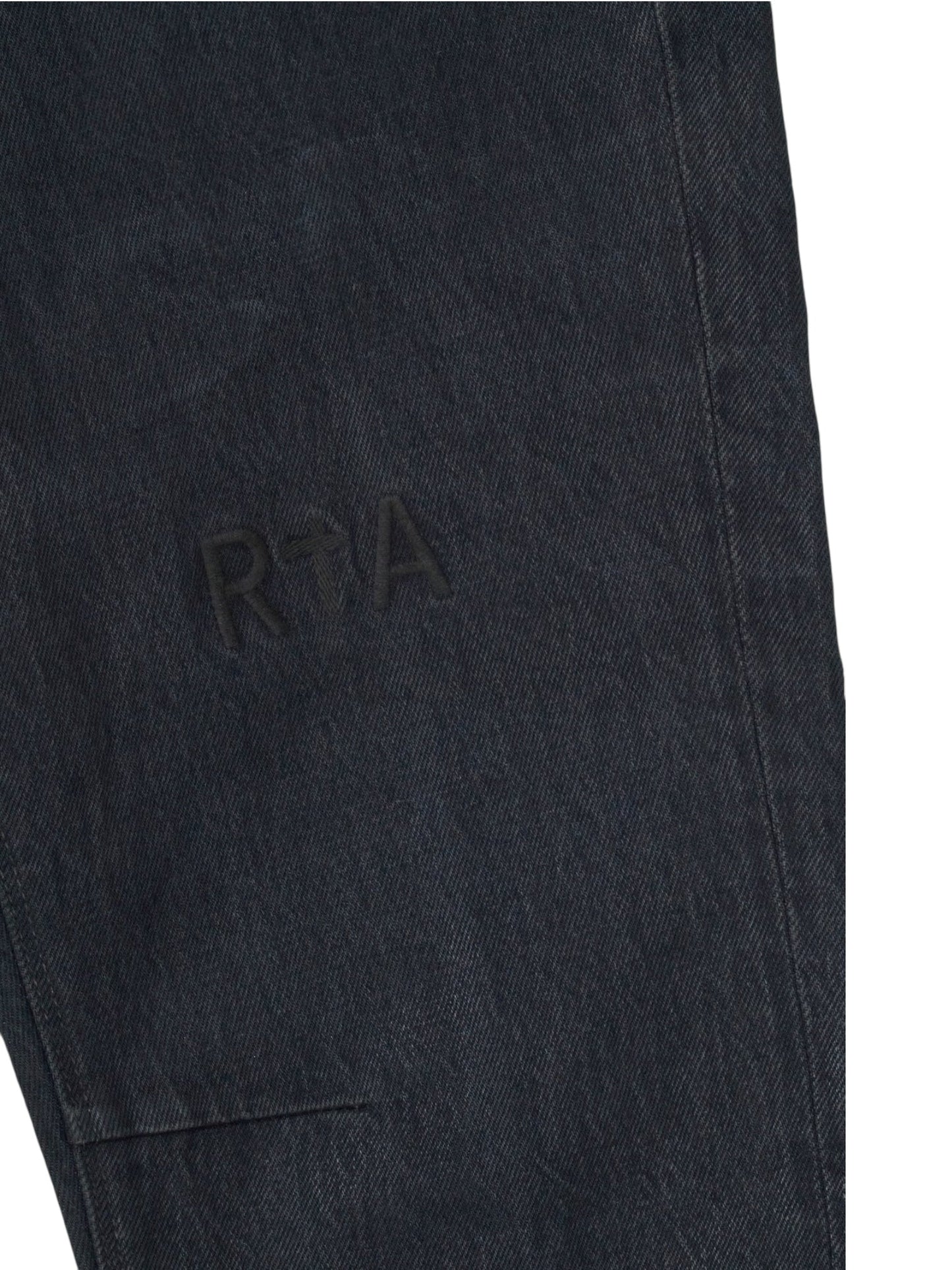 Close-up of premium RTA Clayton Coated Black denim with a subtle "RtA" embroidered logo.