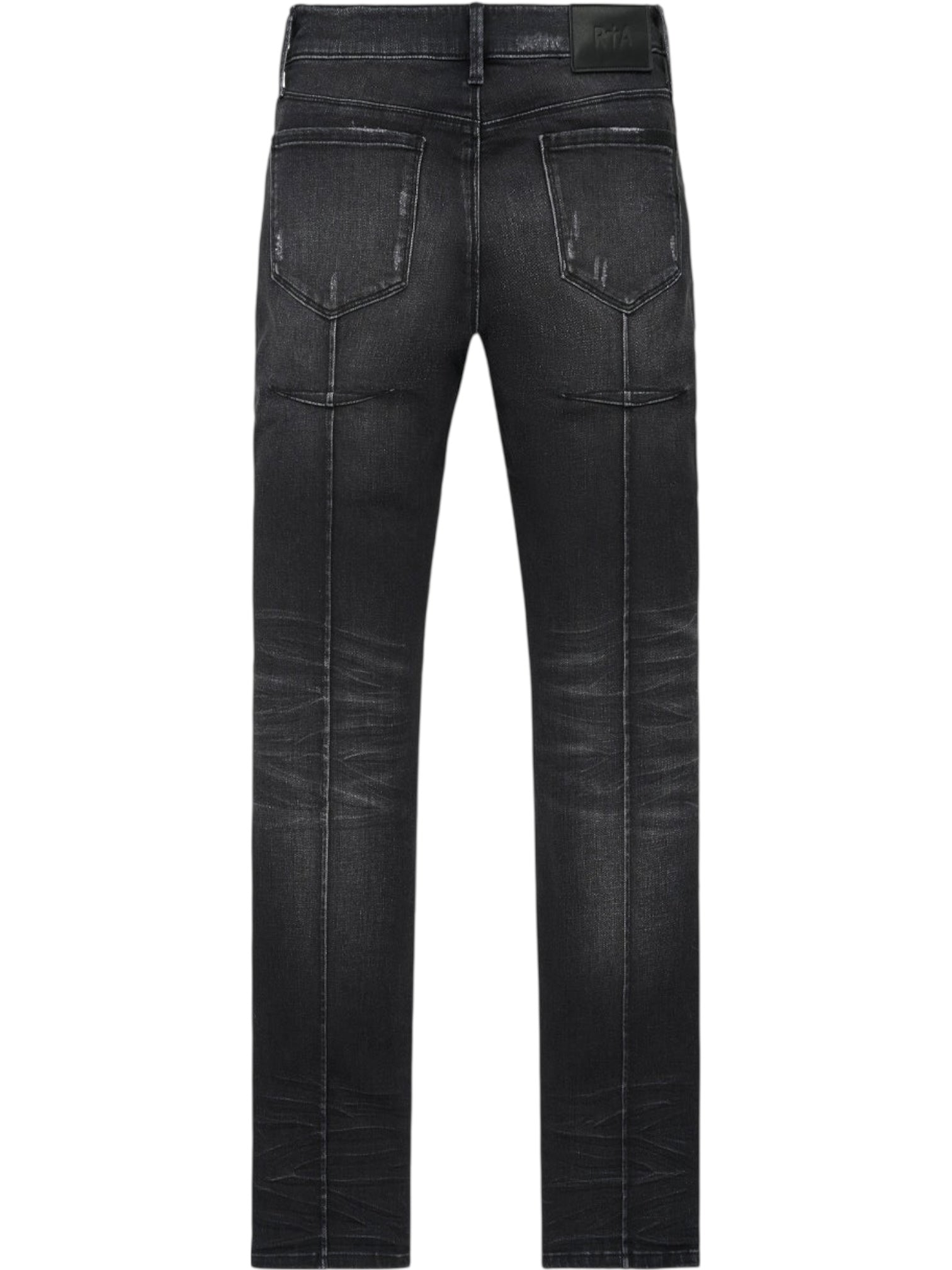 Back view of the RTA Clayton skinny jeans in graphite fade black, featuring two rear pockets, subtle distressing, and visible stitching details.