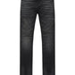 The RTA Clayton | Graphite Fade Black jeans are black washed skinny jeans with distressed denim, graphite fade, five-pocket design, and button waist closure.