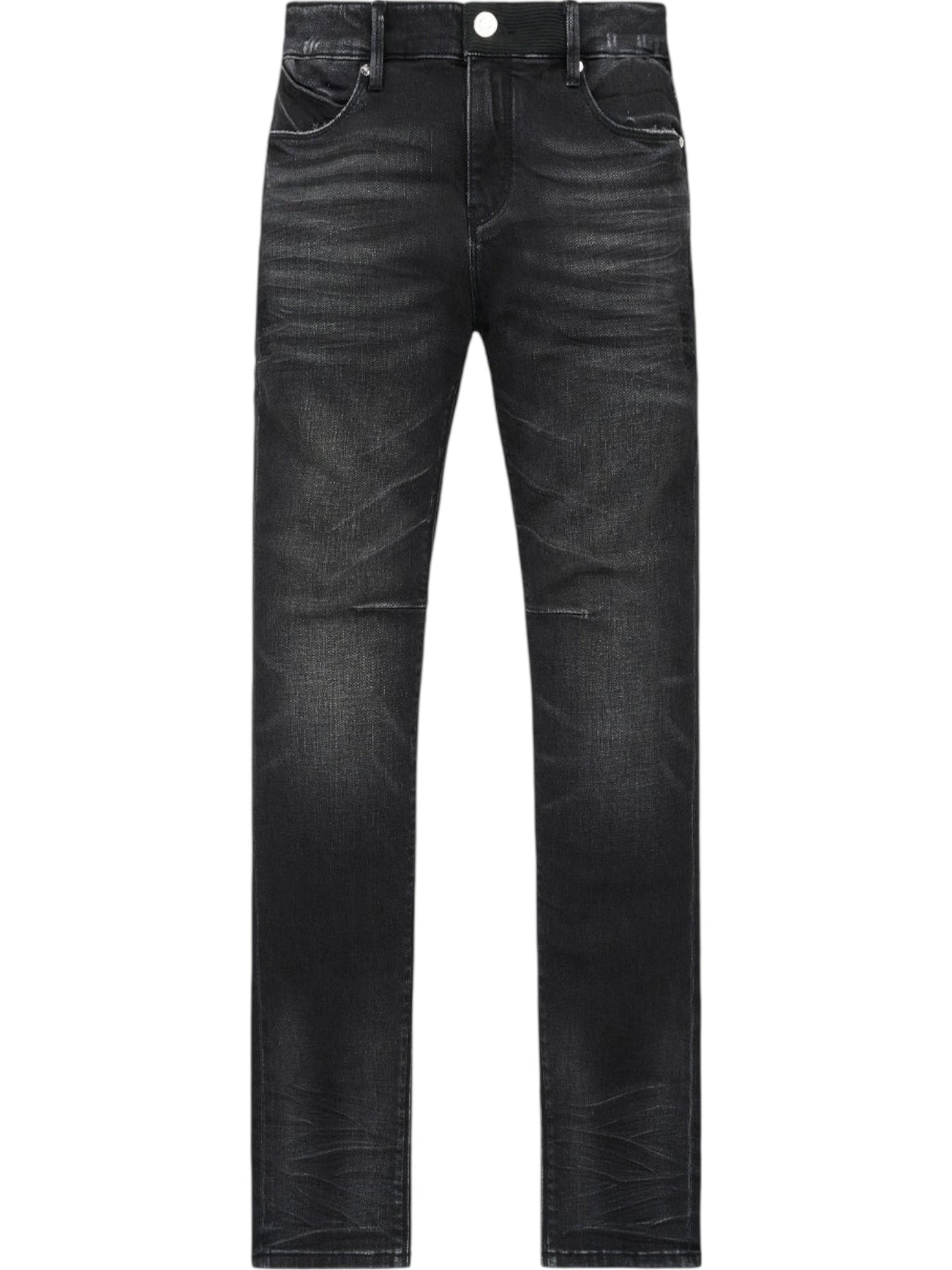The RTA Clayton | Graphite Fade Black jeans are black washed skinny jeans with distressed denim, graphite fade, five-pocket design, and button waist closure.
