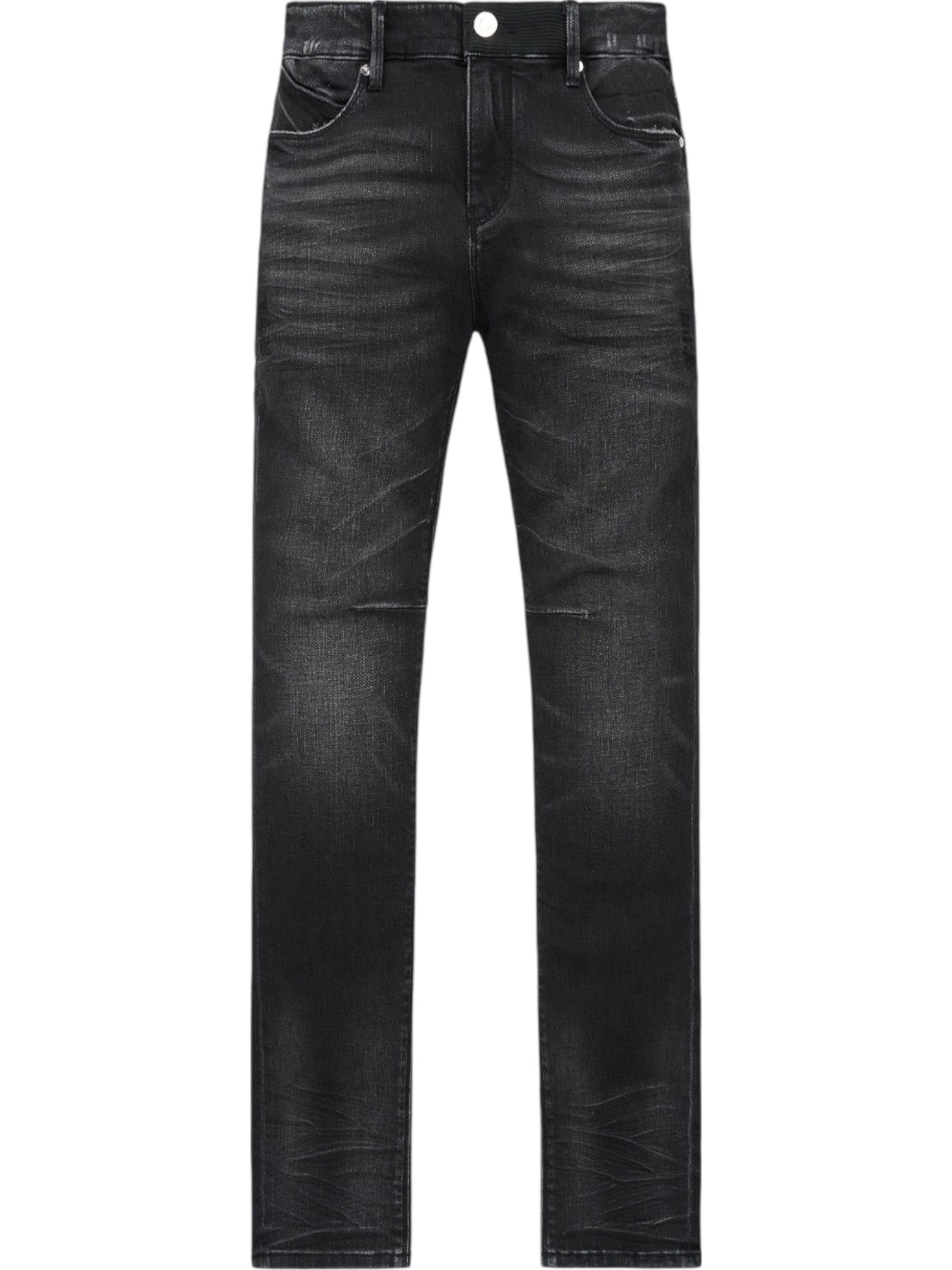 The RTA Clayton | Graphite Fade Black jeans are black washed skinny jeans with distressed denim, graphite fade, five-pocket design, and button waist closure.