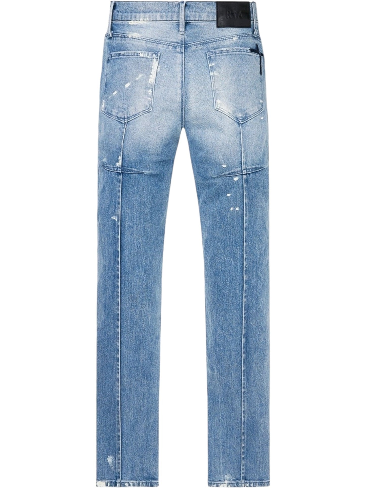 The RTA Clayton Jean Distressed White Paint Blue showcases a light blue skinny fit, two large back pockets, faded details, and subtle white paint splatter accents, all inspired by the signature RTA style.
