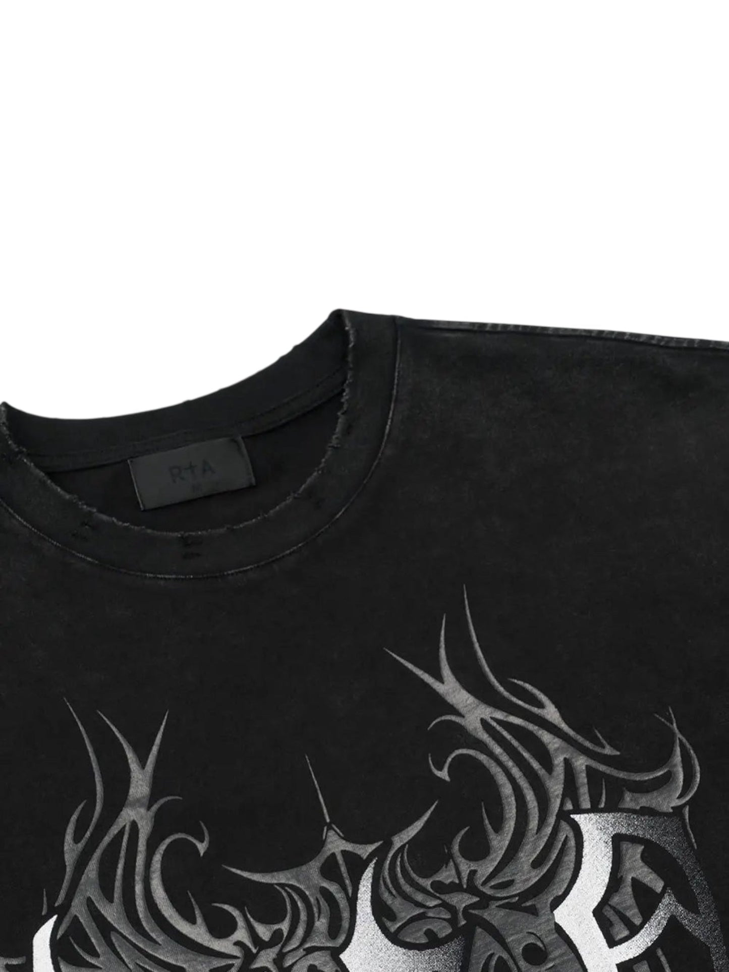 The RTA Colin Black Cyber Sigilism tee features a metallic tribal graphic on the front and a visible RTΛ logo label inside the collar.