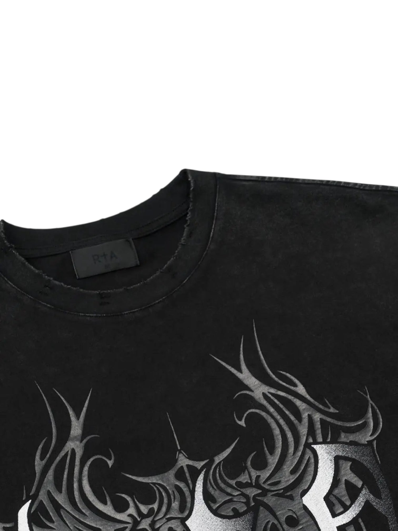 The RTA Colin Black Cyber Sigilism tee features a metallic tribal graphic on the front and a visible RTΛ logo label inside the collar.