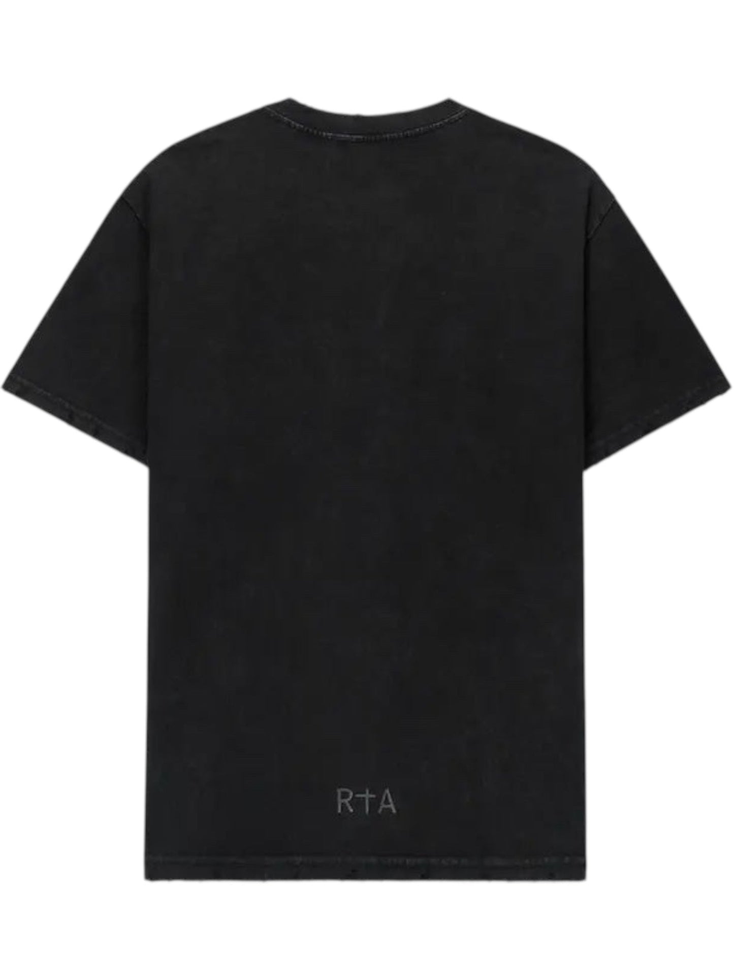 The RTA Colin Black Cyber Sigilism tee is an oversized black shirt with a cyber-inspired vibe, featuring a small white RTA logo printed near the bottom on the back.