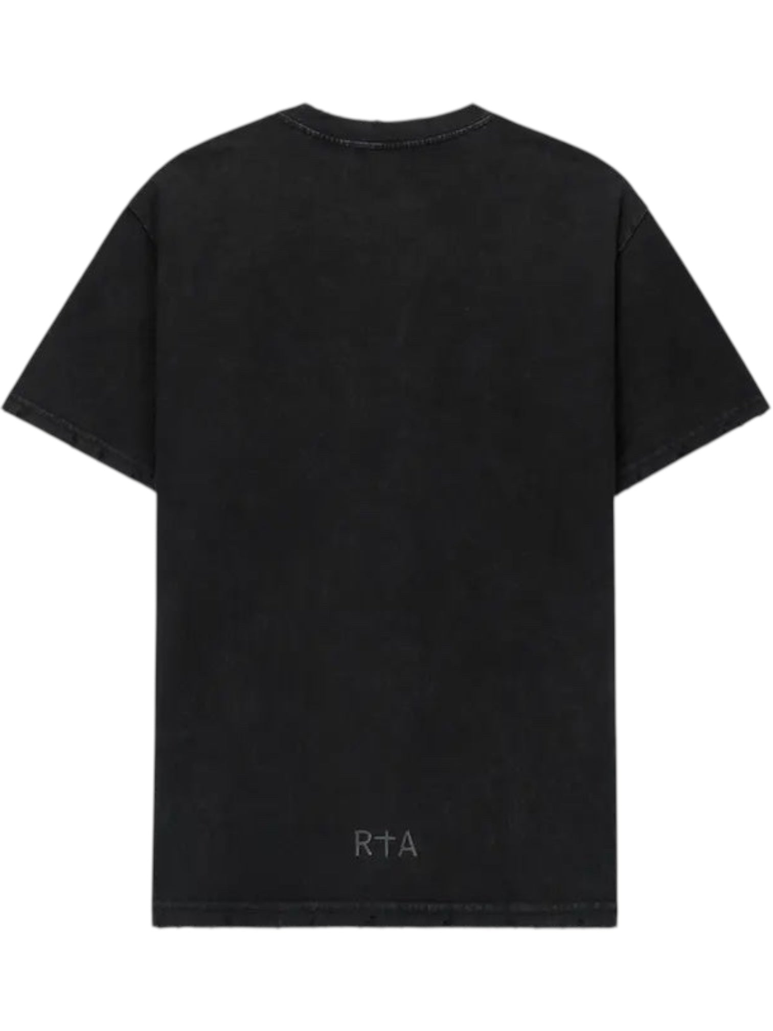 The RTA Colin Black Cyber Sigilism tee is an oversized black shirt with a cyber-inspired vibe, featuring a small white RTA logo printed near the bottom on the back.
