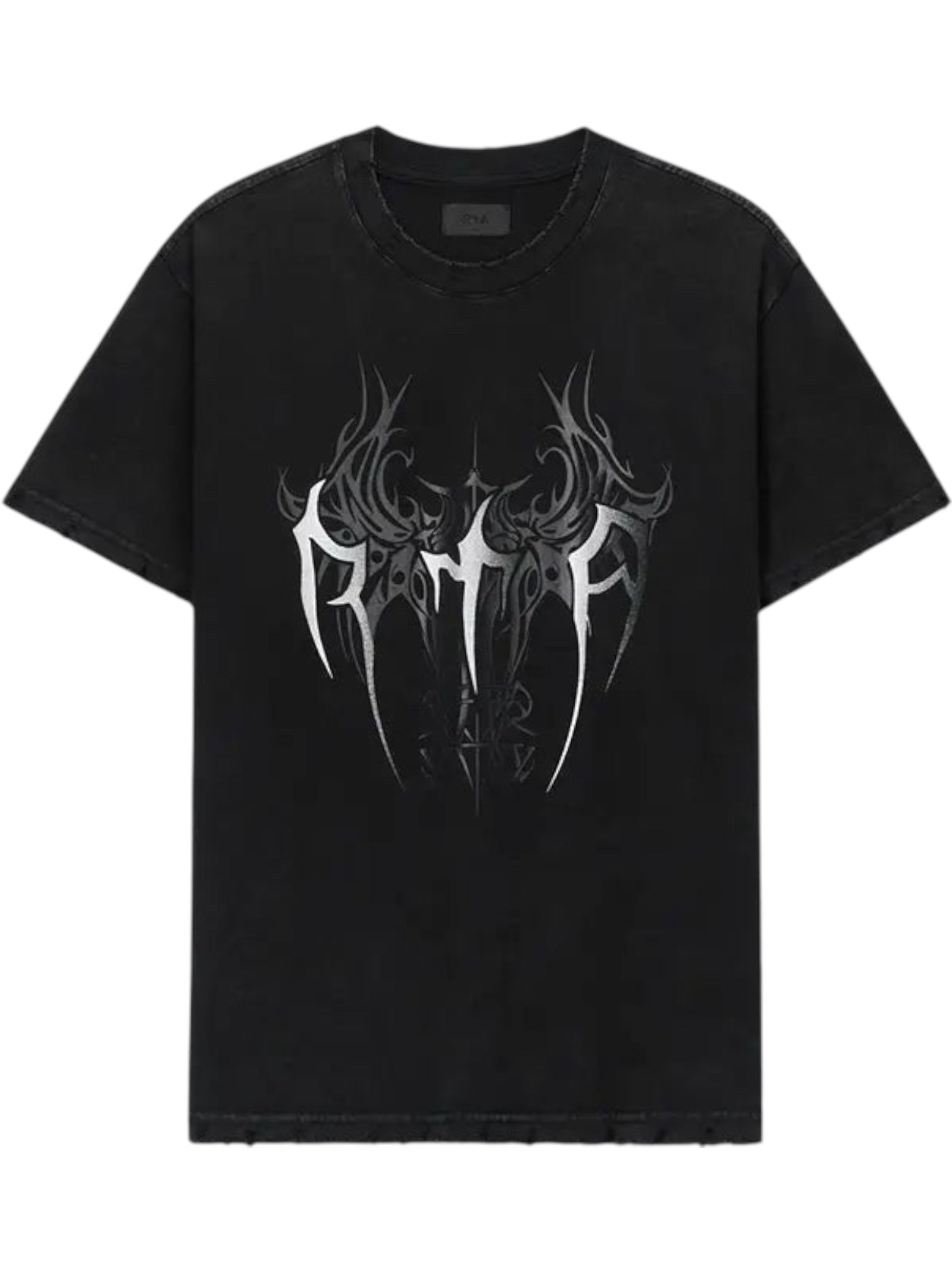 The RTA Colin Black Cyber Sigilism tee by RTA features a gray tribal-inspired graphic on the front center, blending street style with cyber vibes.