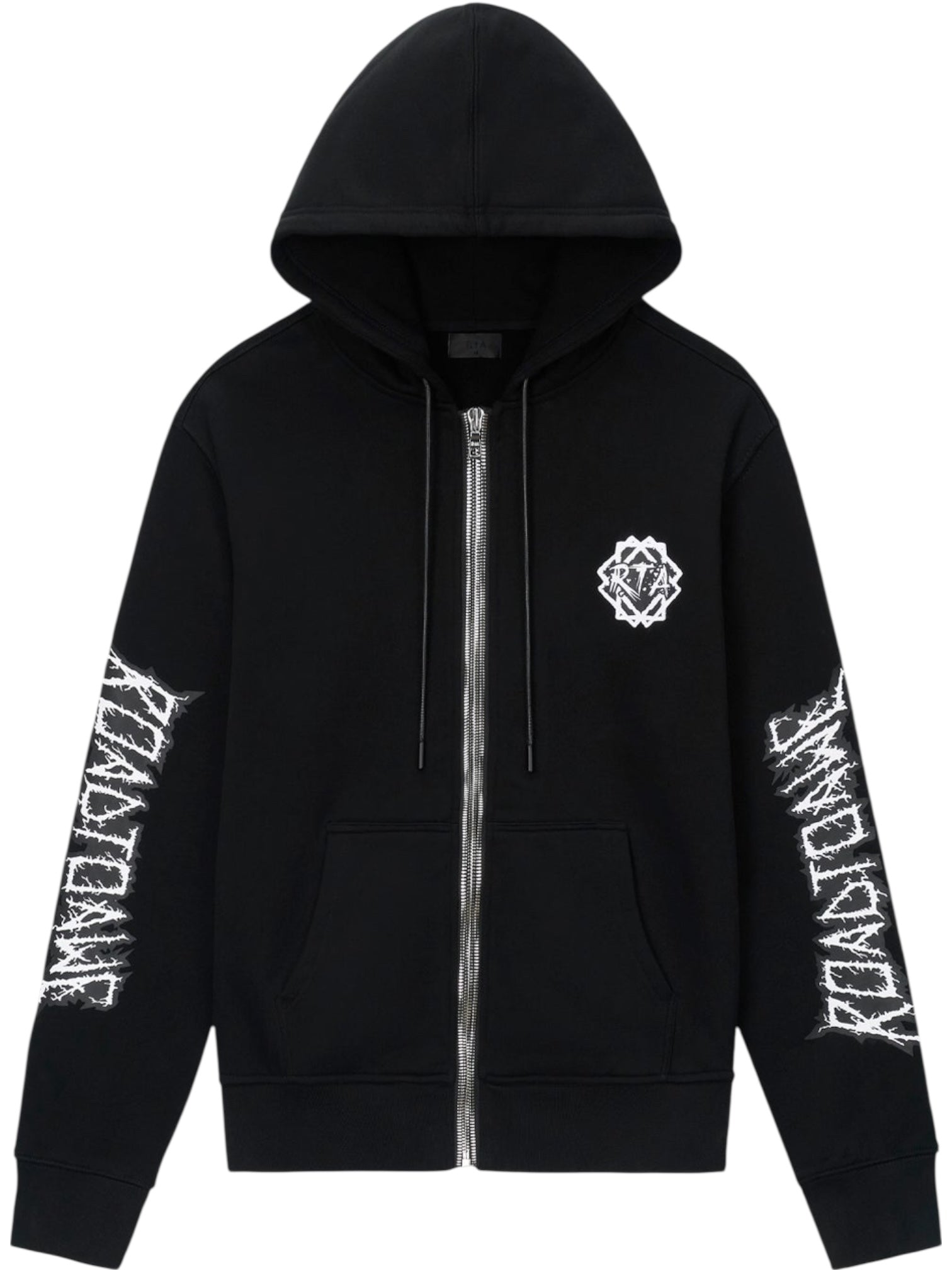 The RTA Floyd Black Metal Road To Awe hoodie features a white geometric logo on the left chest and bold metal-inspired graphic text down both sleeves.