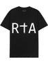 The RTA Liam S/s Tee Black by RTA is a soft cotton crewneck tee, featuring bold white "RTA" text on the front with the signature cross-styled "T".