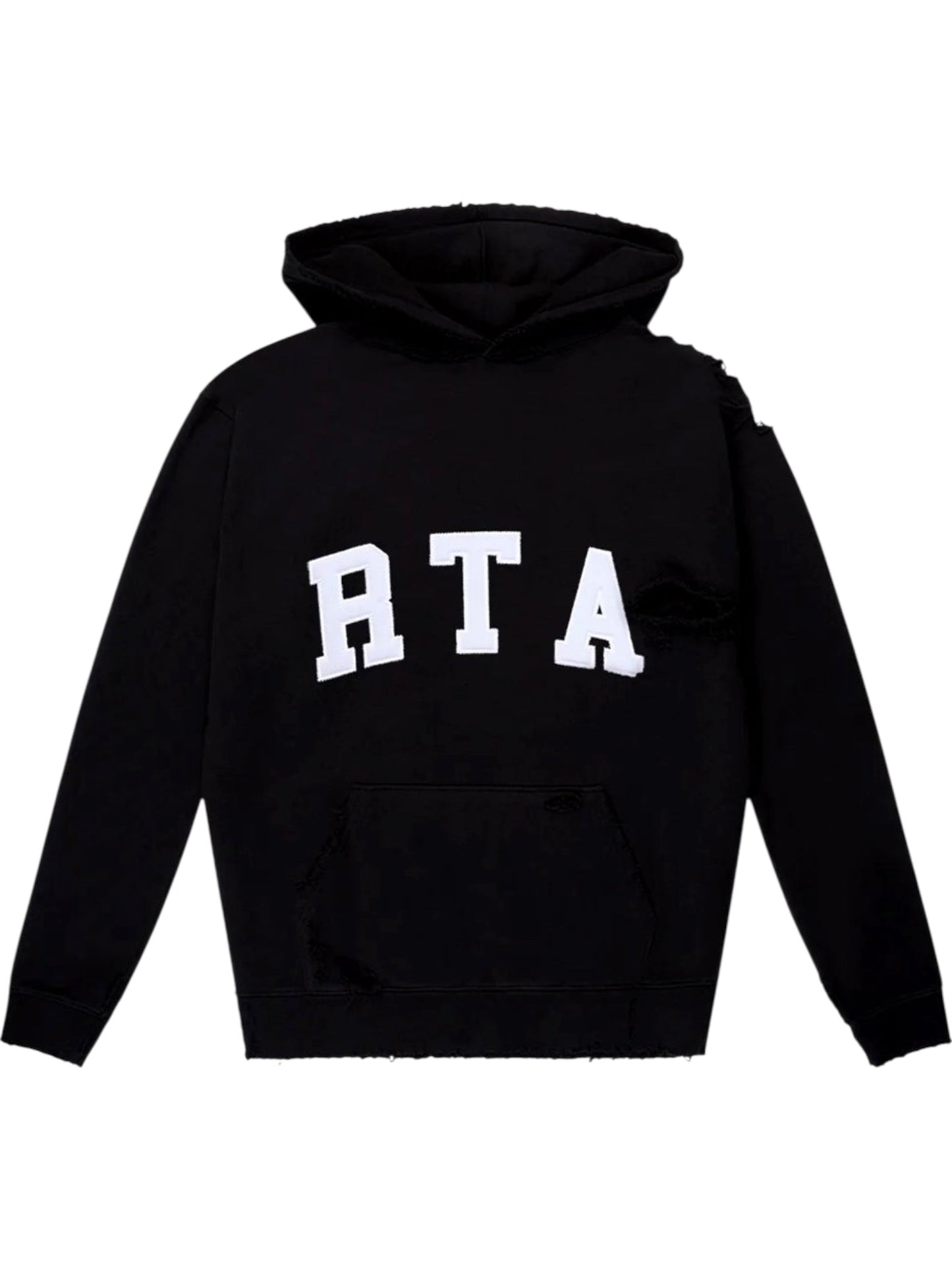 The RTA Markus Hoody Black by RTA features a front pocket and bold white "RTA" lettering across the chest.
