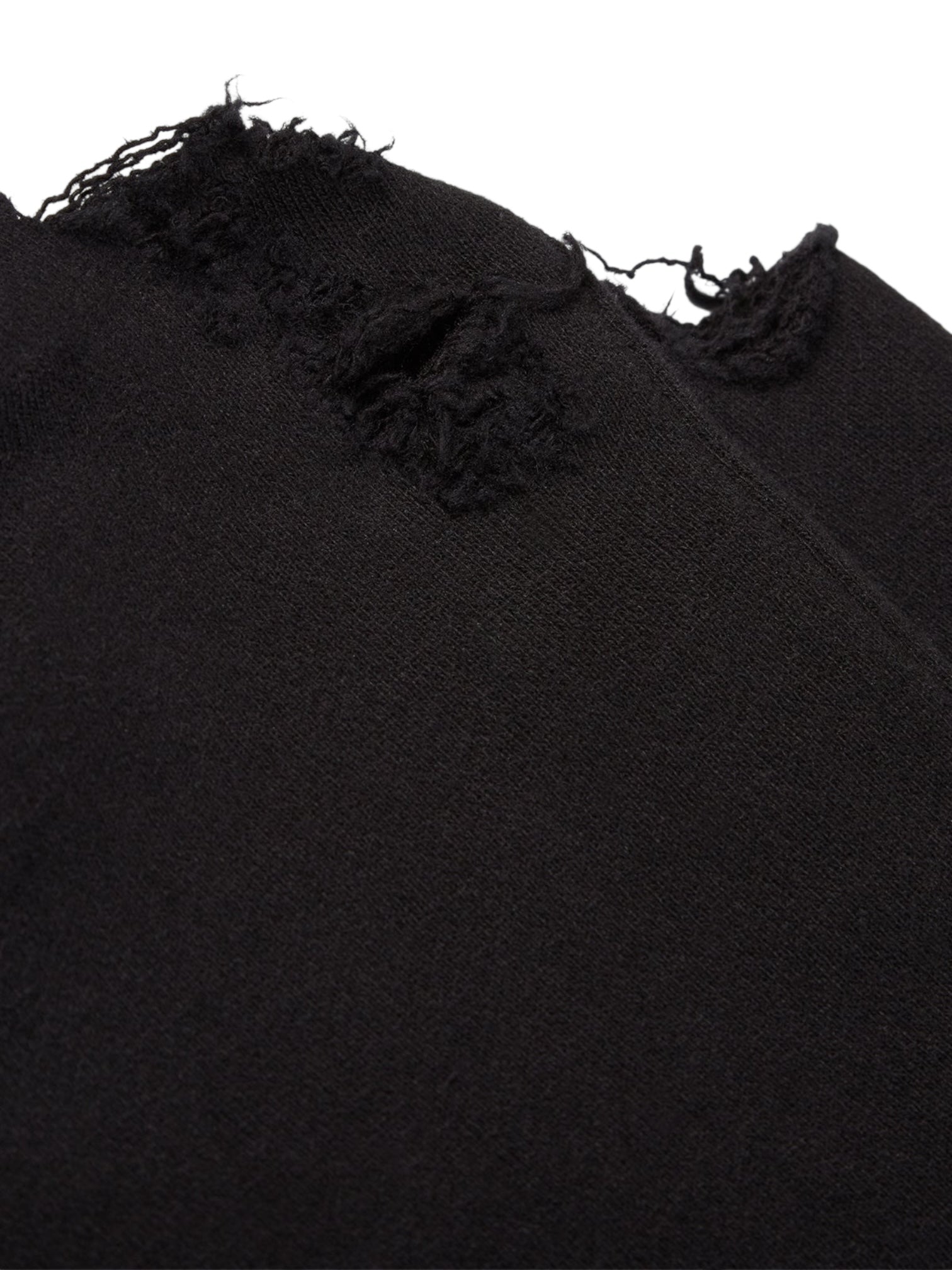 Close-up of the RTA Markus Hoody Black by RTA, featuring a distressed design with frayed and torn fabric near the seam, highlighting visible wear for a bold, worn-in look.