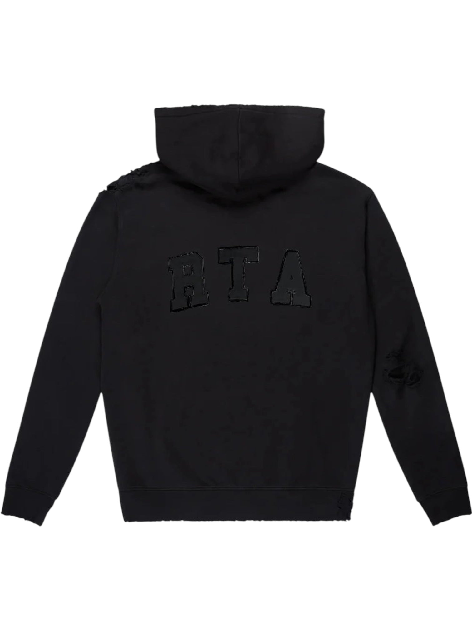 The RTA Markus Hoody Black by RTA features bold "RTA" lettering across the back and a subtle left-sleeve patch, making it ideal for a statement yet timeless look.