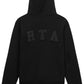 The RTA Markus Hoody Black by RTA features large raised "RTA" letters across the upper back and a subtle distressed finish, giving this collegiate-inspired hooded sweatshirt a modern edge.